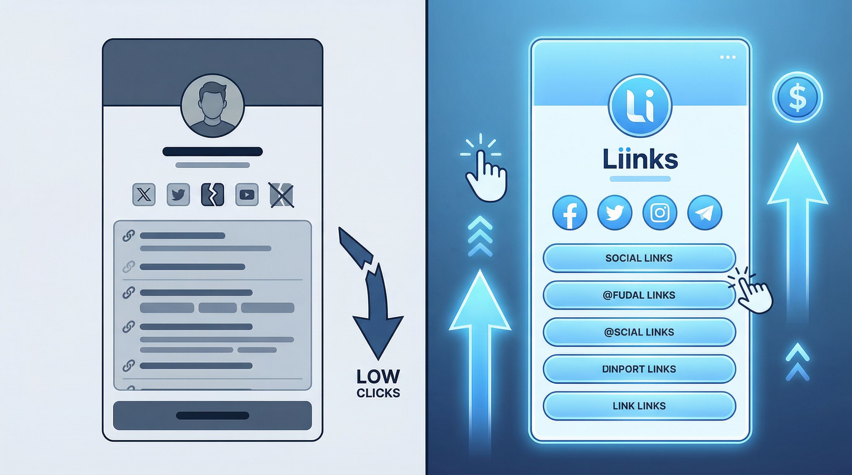 Split-screen composition showing a dull, cluttered generic link-in-bio page on the left and a sleek,