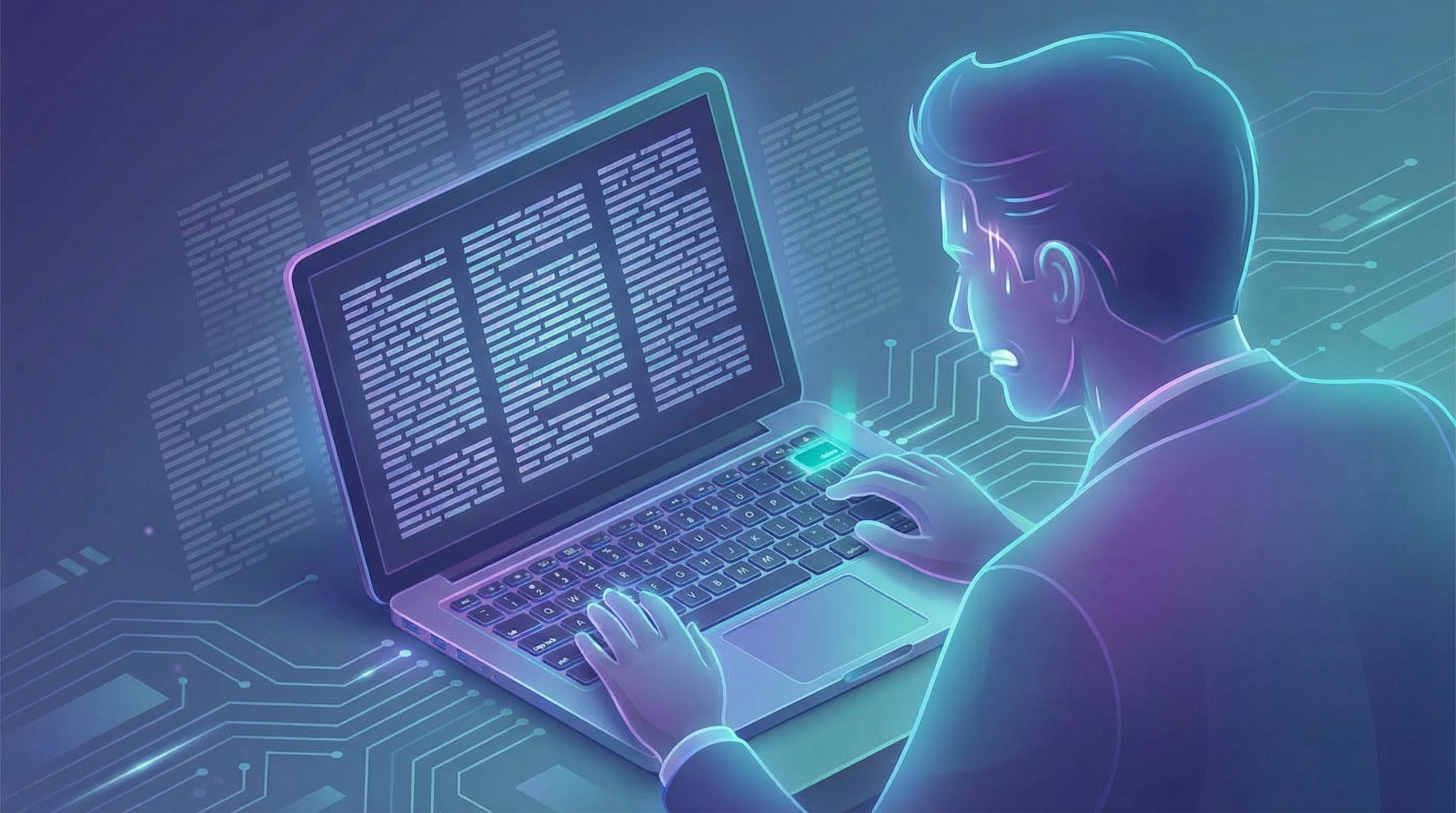 an over-the-shoulder view of a marketer at a laptop, looking frustrated at a wall of generic AI-gene