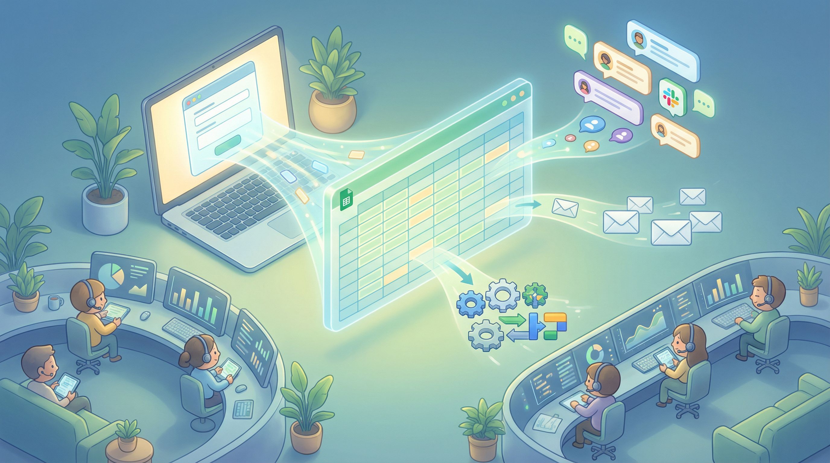 Isometric illustration of a central online form on a laptop screen feeding into a large floating Goo