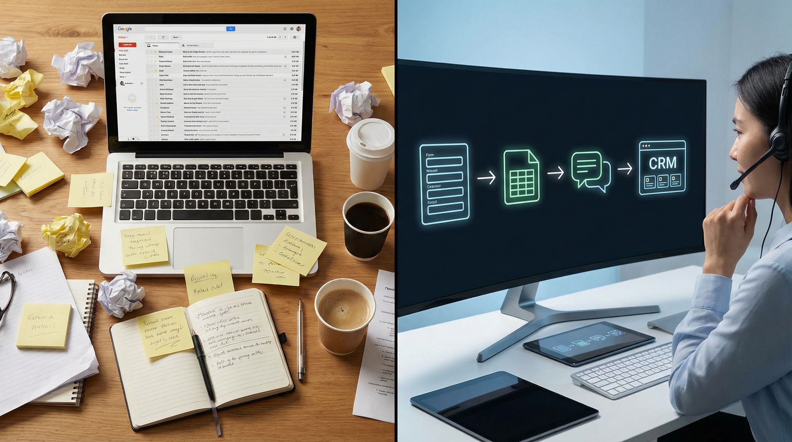 Side-by-side comparison scene: on the left, a cluttered desk with sticky notes, scattered papers, an