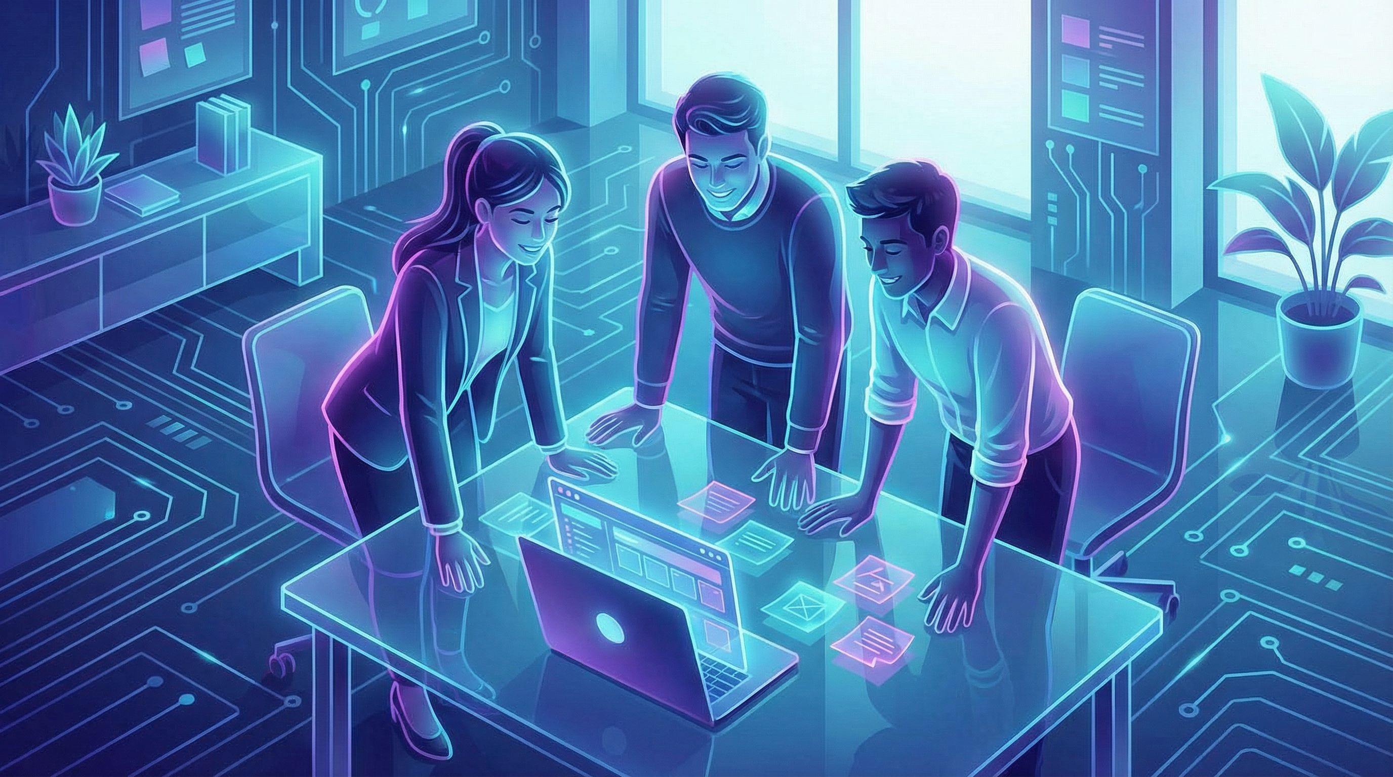 an overhead shot of a small team of three people in a bright startup office, sticky notes and a lapt