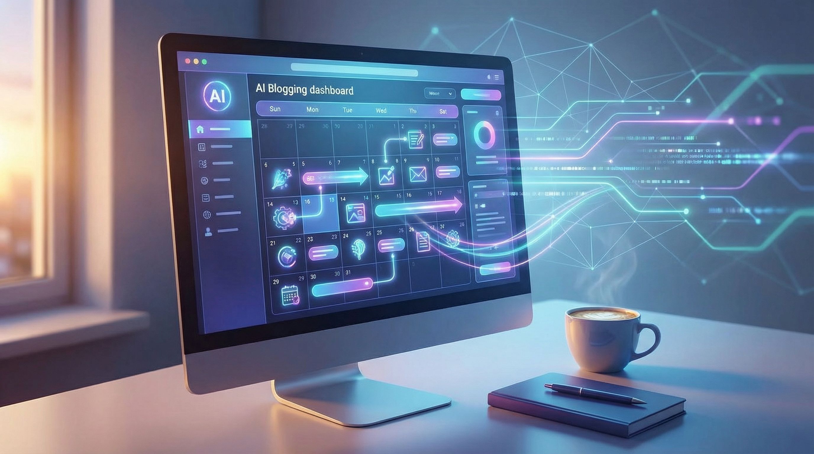 a computer screen close-up showing an AI blogging dashboard with a content calendar and scheduled po