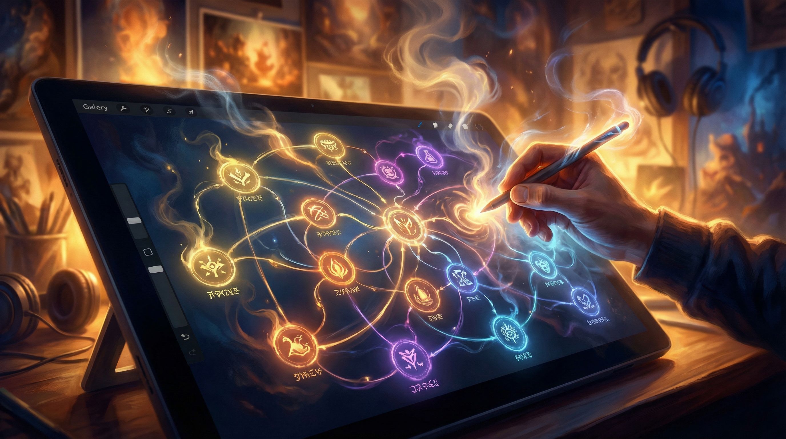 Close-up of a large digital whiteboard on a tablet or monitor, displaying color-coded story nodes co