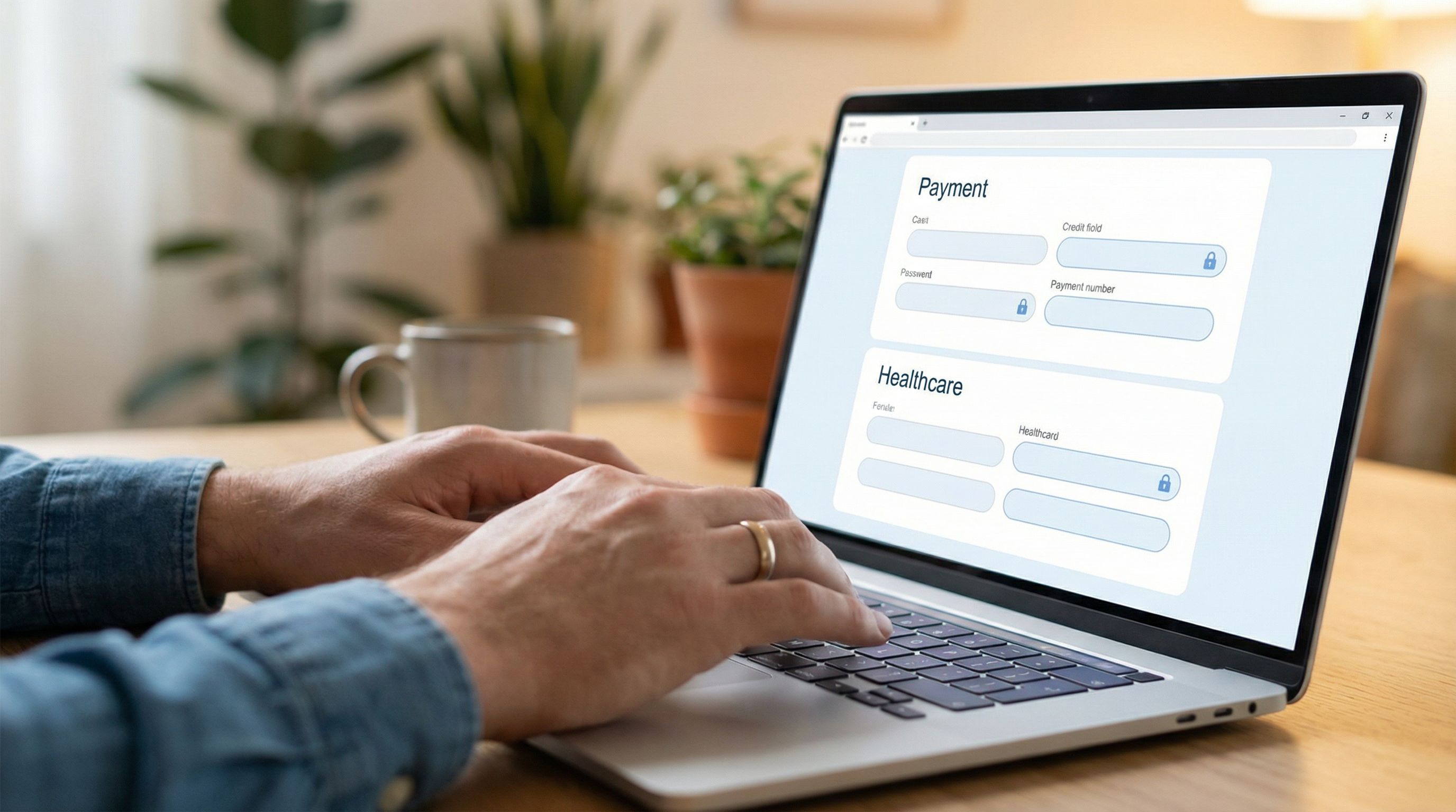 a clean, modern web form interface on a laptop screen showing payment and healthcare fields, with su