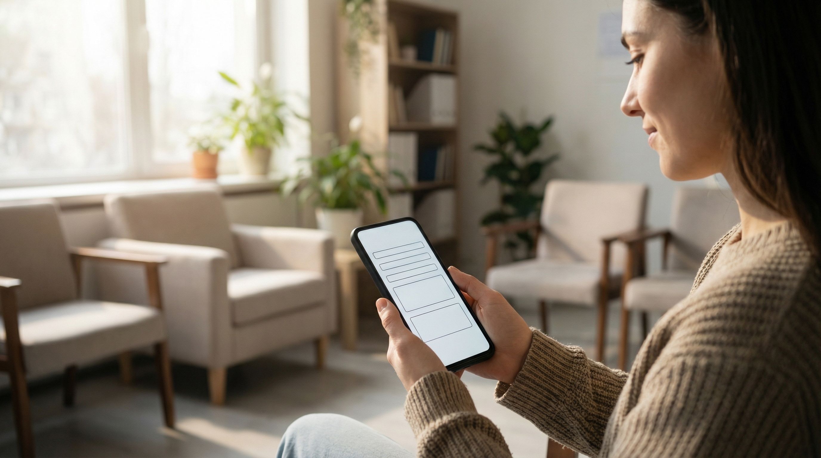 a person filling out a job application form on a smartphone in a quiet waiting room, with clear larg