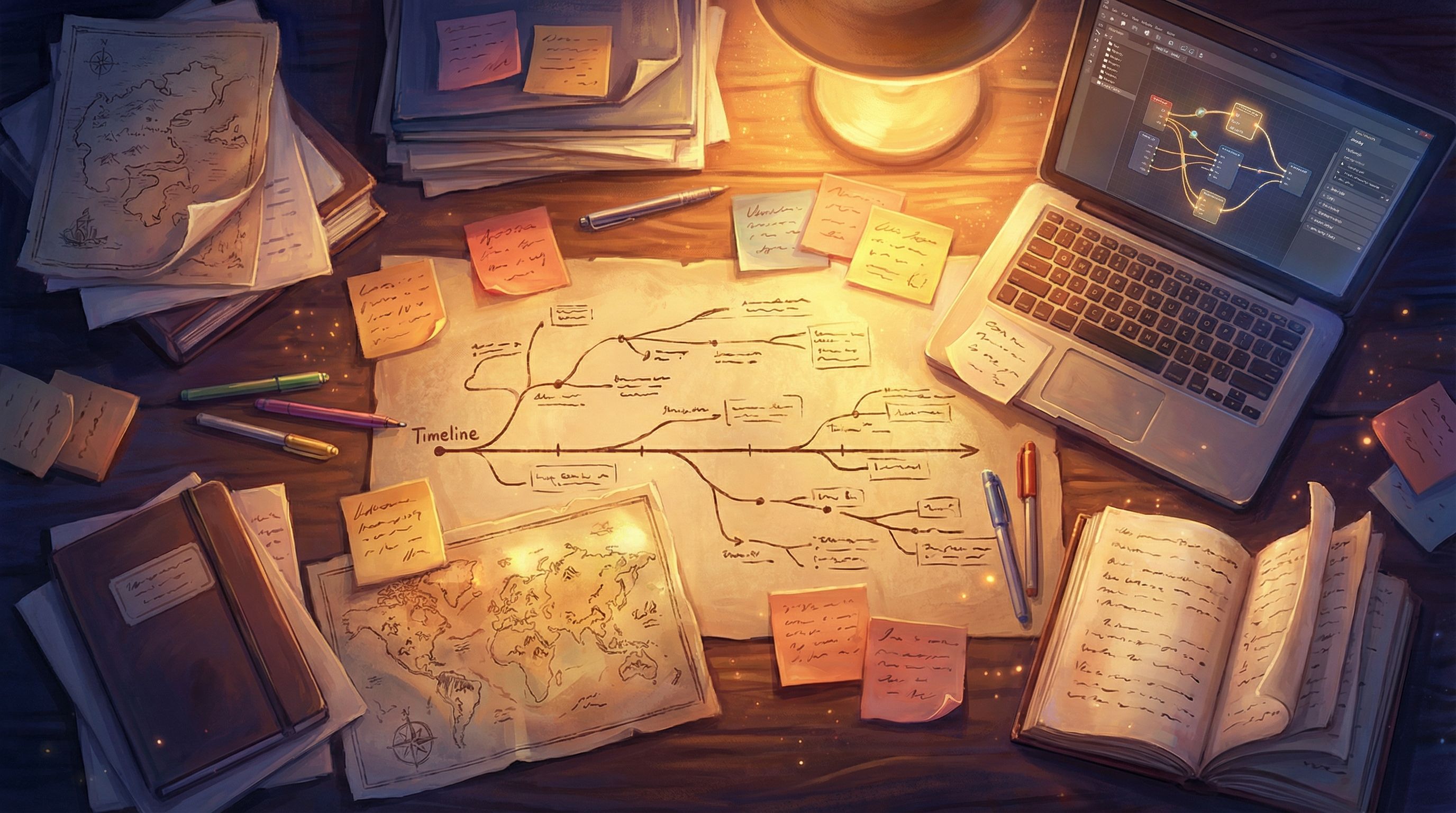 Overhead view of a writer’s desk covered with branching timeline diagrams, sticky notes labeled with