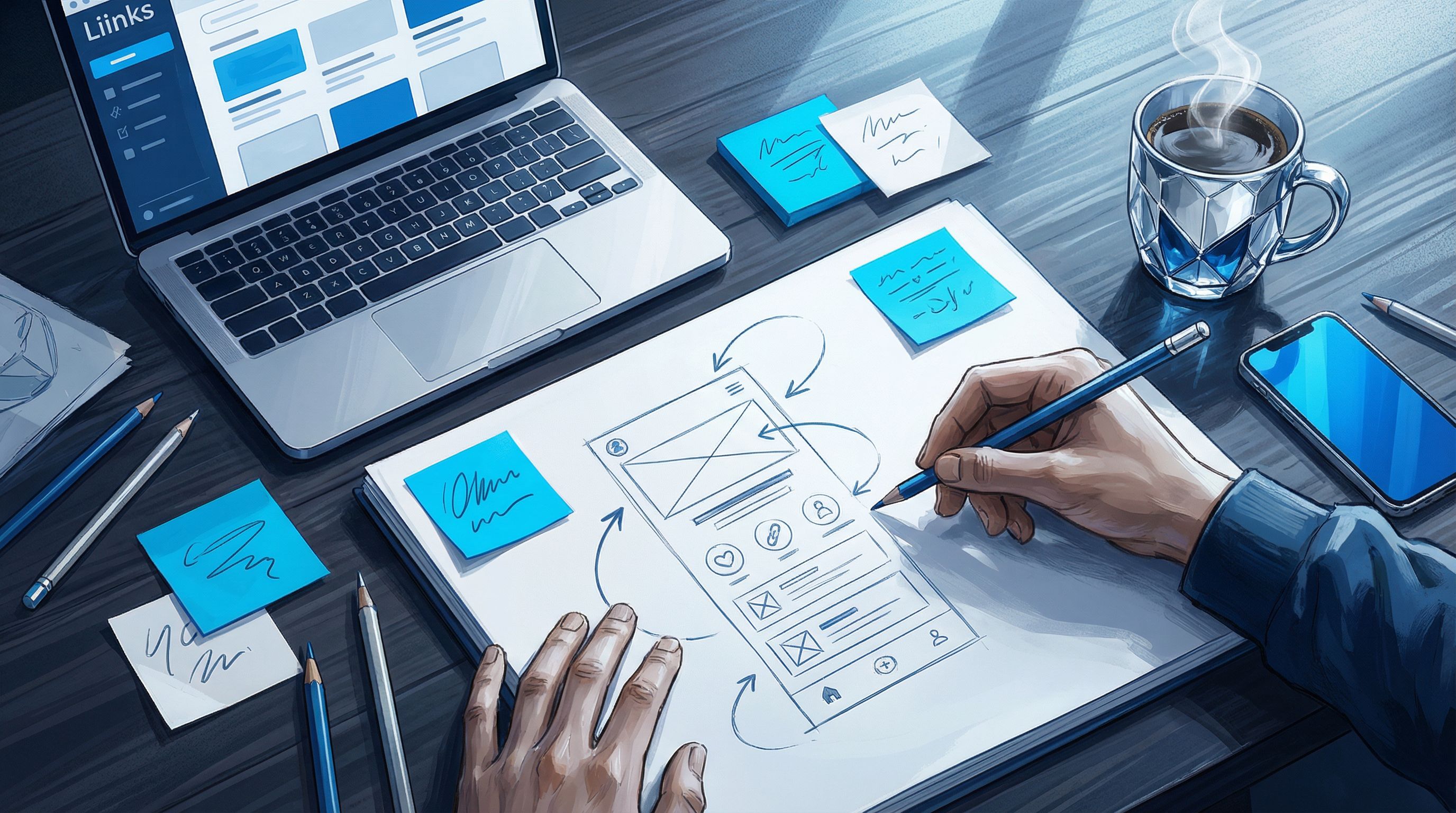 overhead view of a creator at a desk sketching a wireframe of a link-in-bio page on paper, with arro