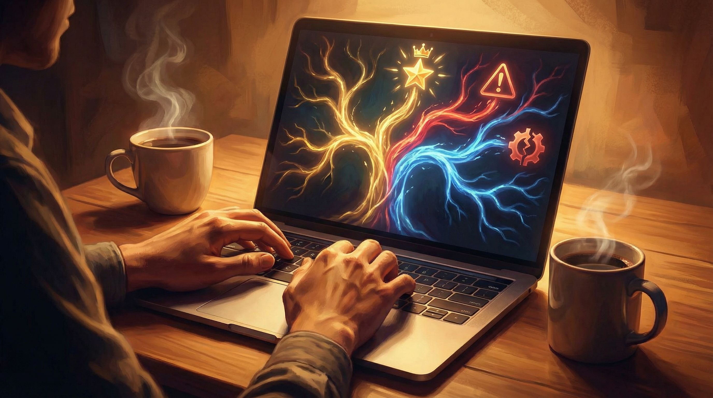 a stylized branching map on a laptop screen showing multiple colored paths converging and diverging,