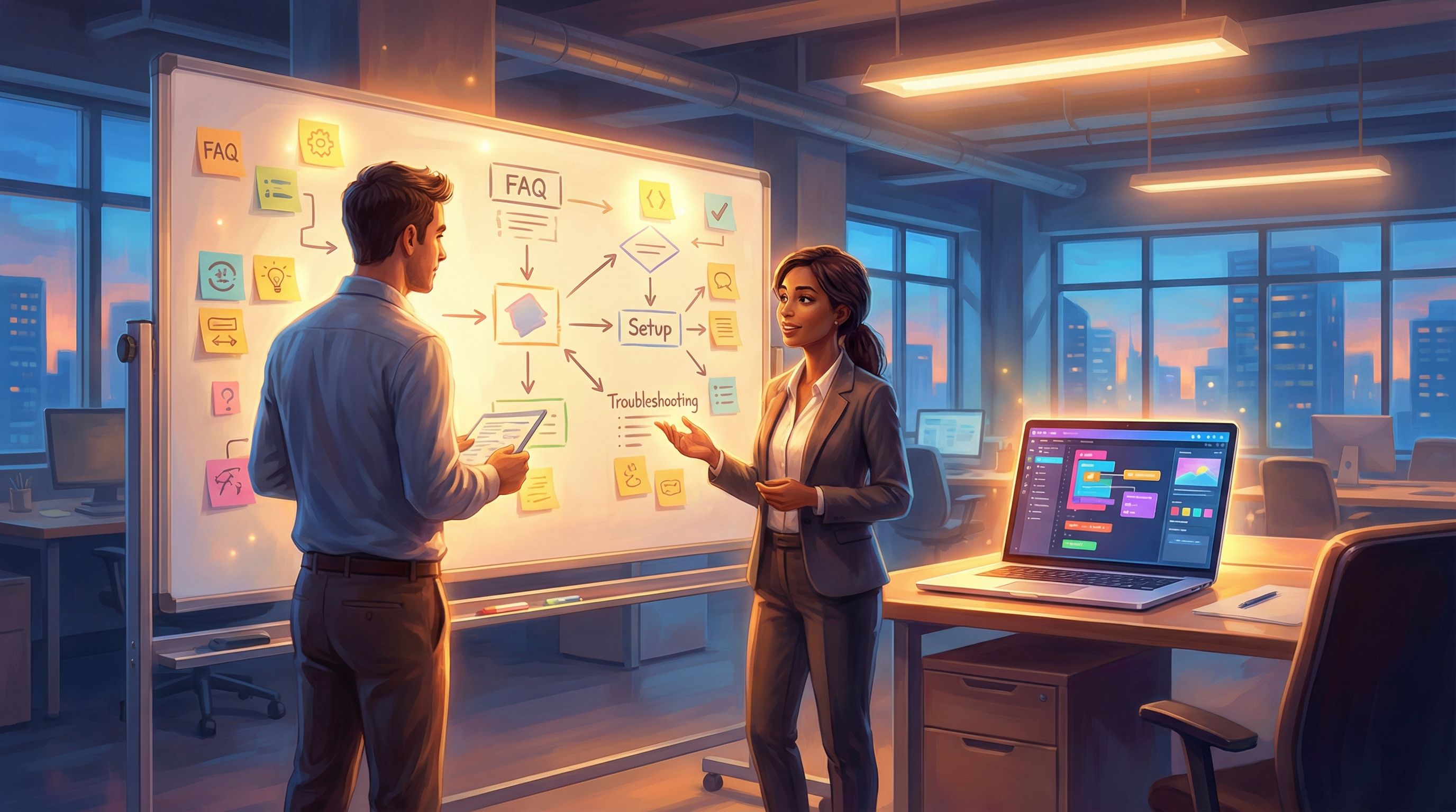 a product manager and instructional designer standing at a whiteboard covered in flowchart boxes and