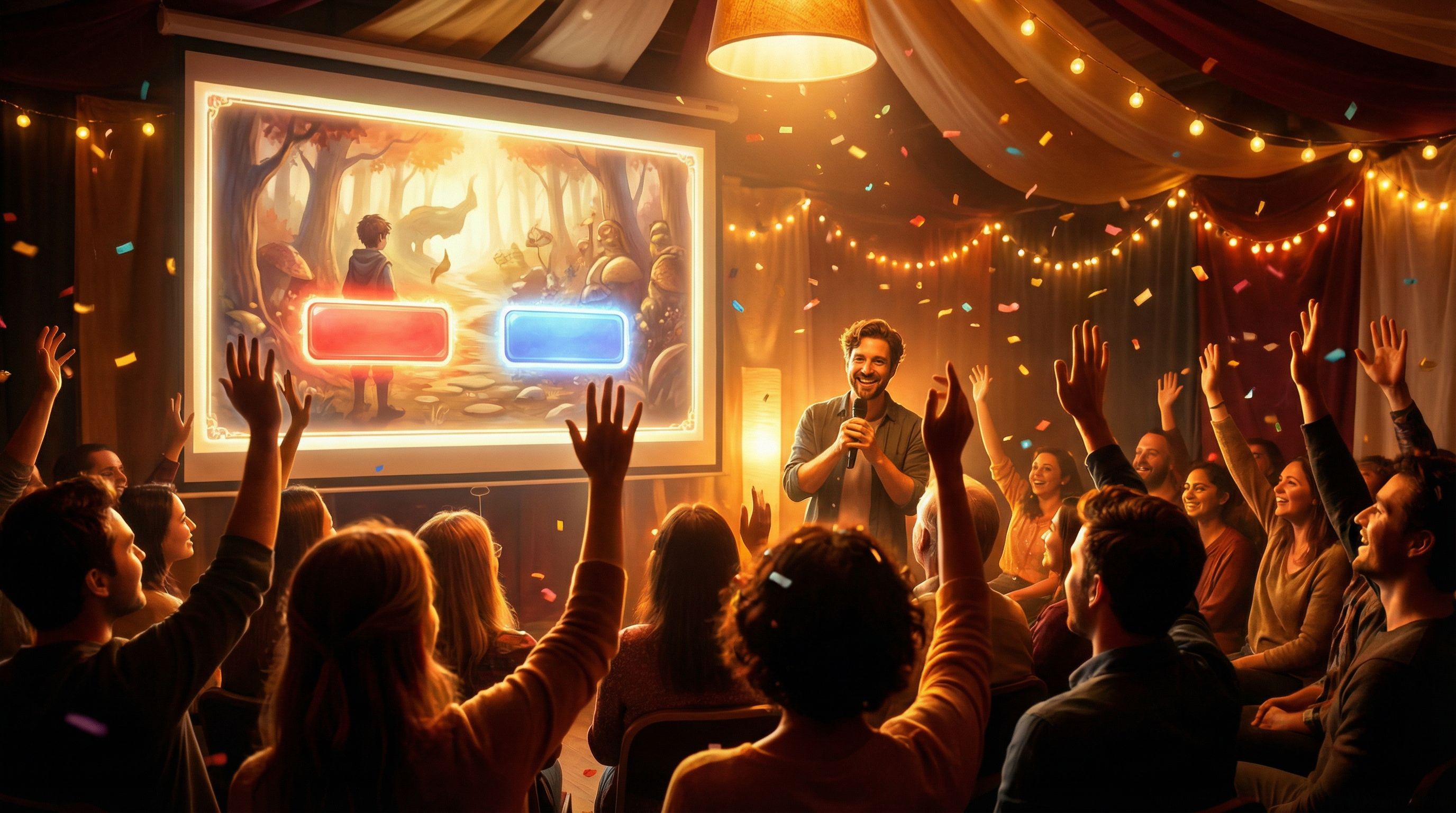 a projected screen showing an illustrated interactive story scene with two large choice buttons, an