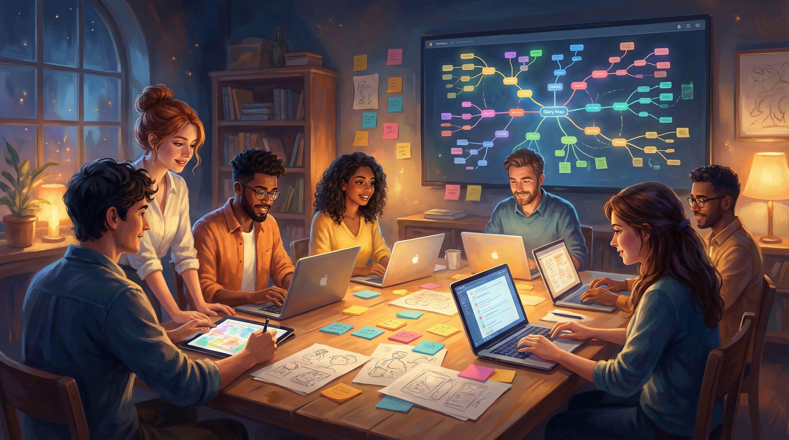 a diverse group of writers and designers gathered around laptops and tablets in a cozy studio, a lar