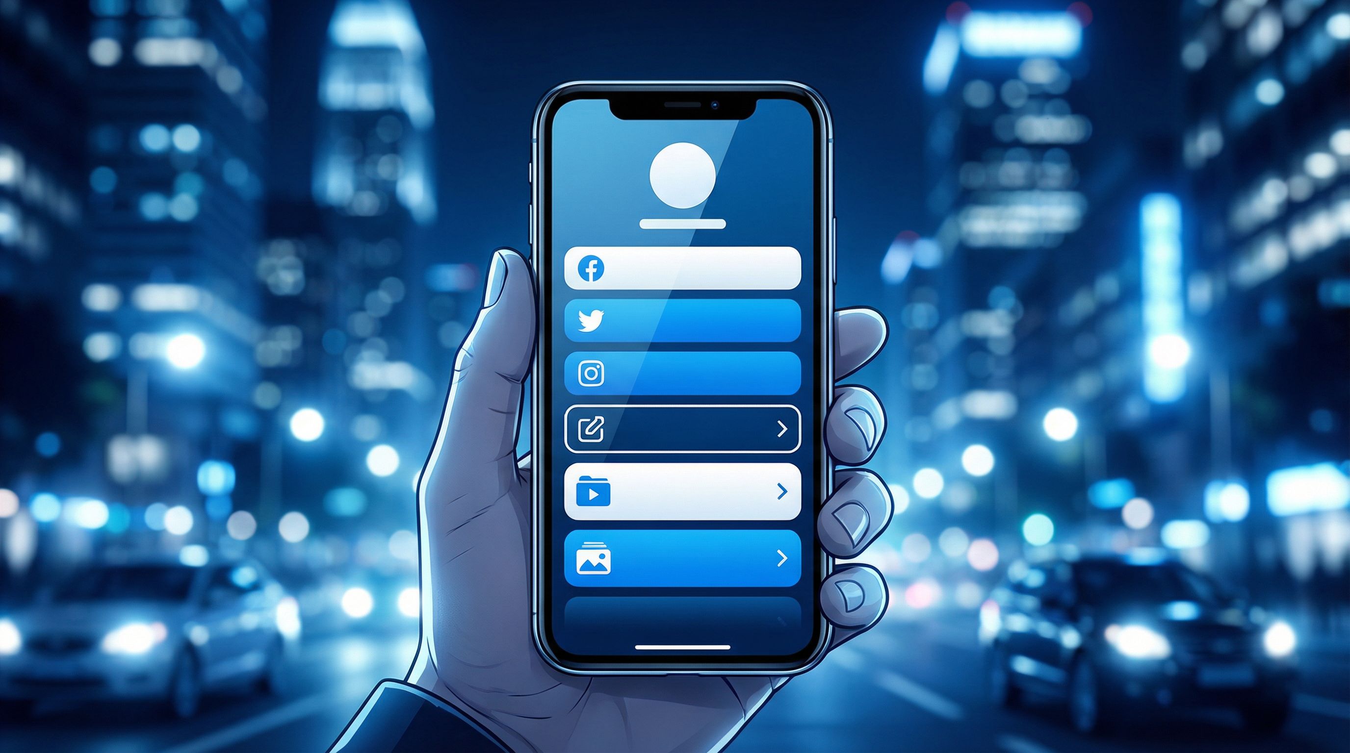 Close-up of a hand holding a phone with a beautifully designed Liinks-style link page, high-contrast