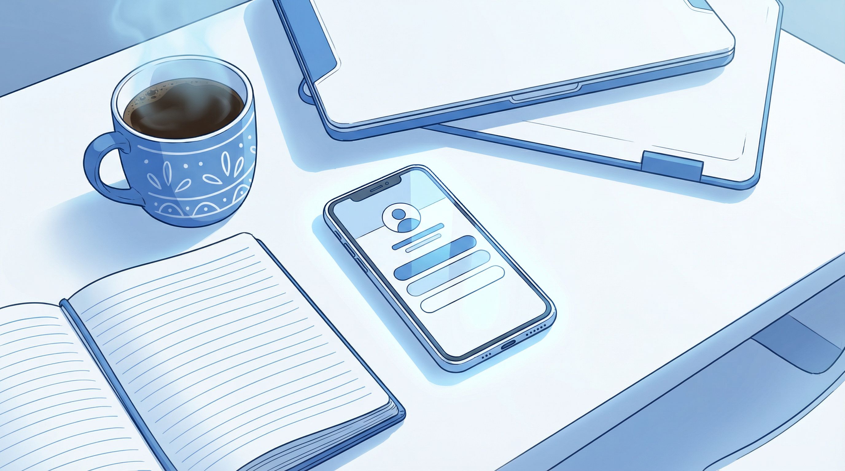 Flat lay of a smartphone showing a minimalist Liinks-style link-in-bio page, surrounded by coffee, n