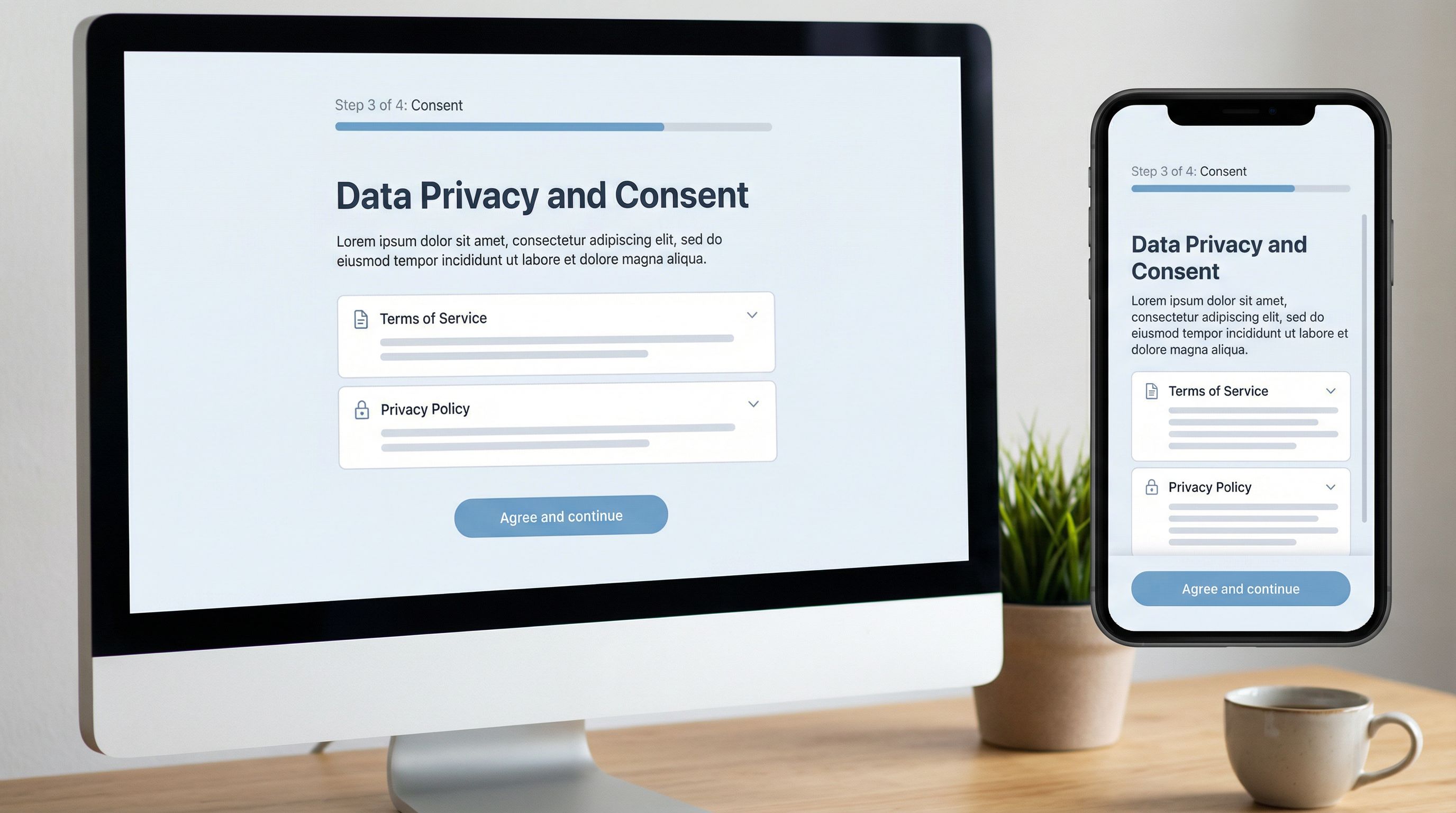 close-up UI mock of a clean multi-step form screen highlighting a consent section on its own step, w