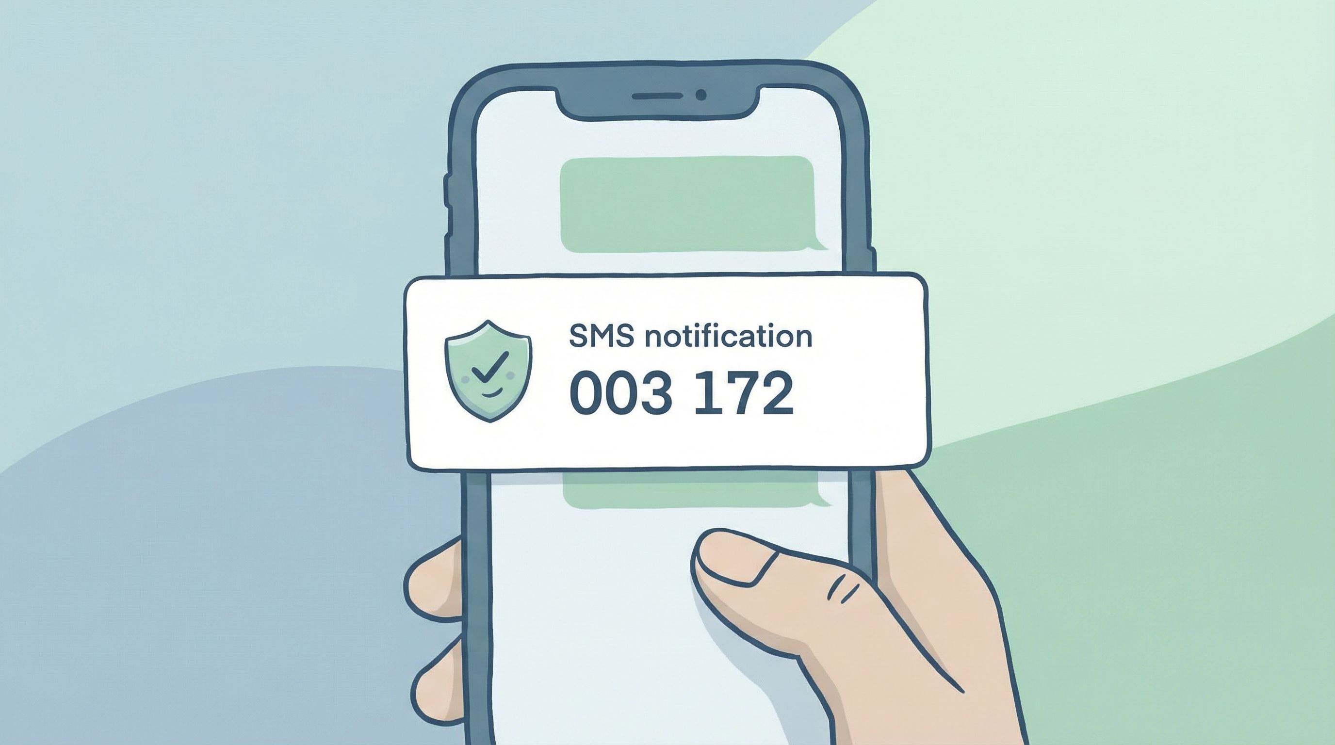 storyboard-style illustration showing a user moving through verification steps on a phone—receiving