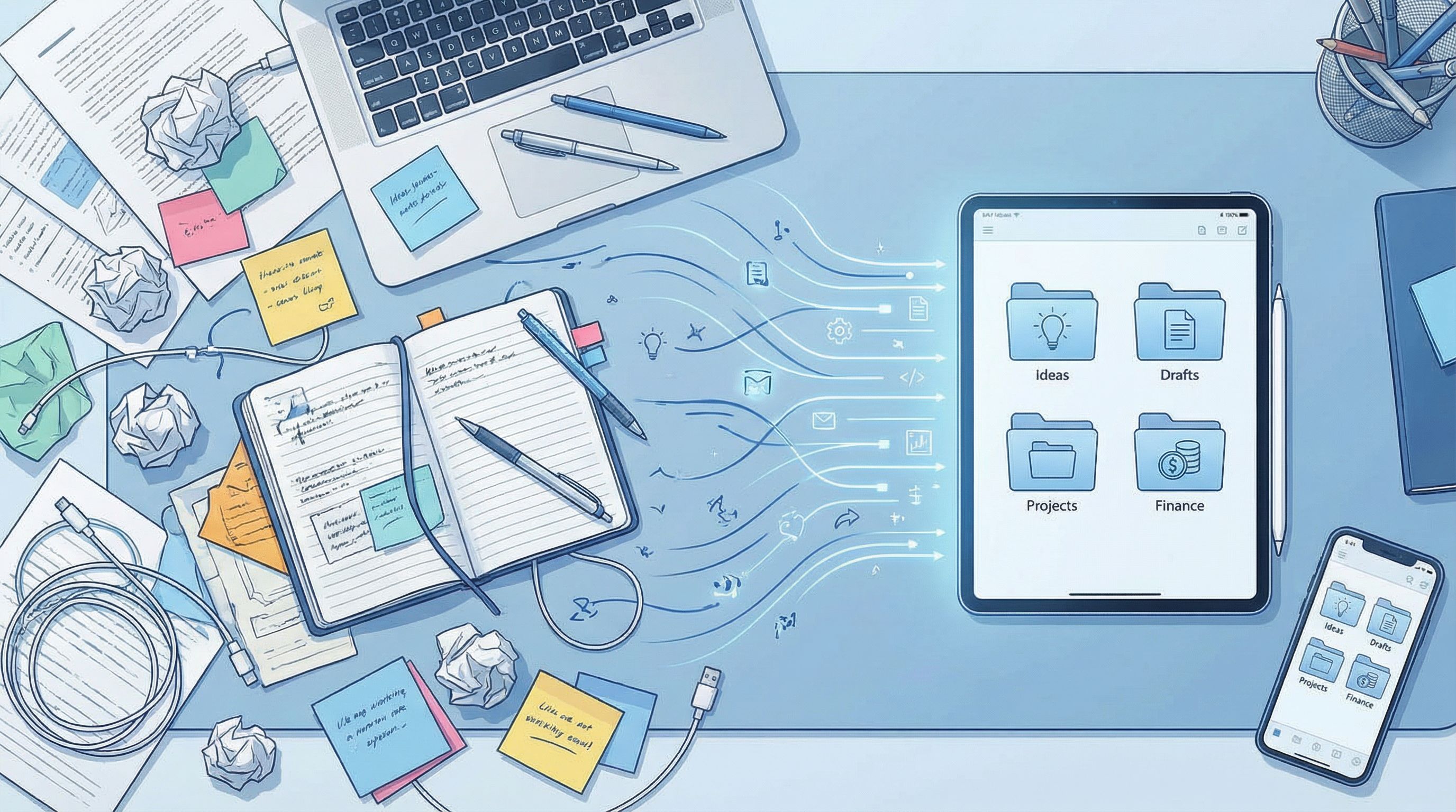 overhead view of a messy physical desk covered in scattered papers, sticky notes, and devices transf