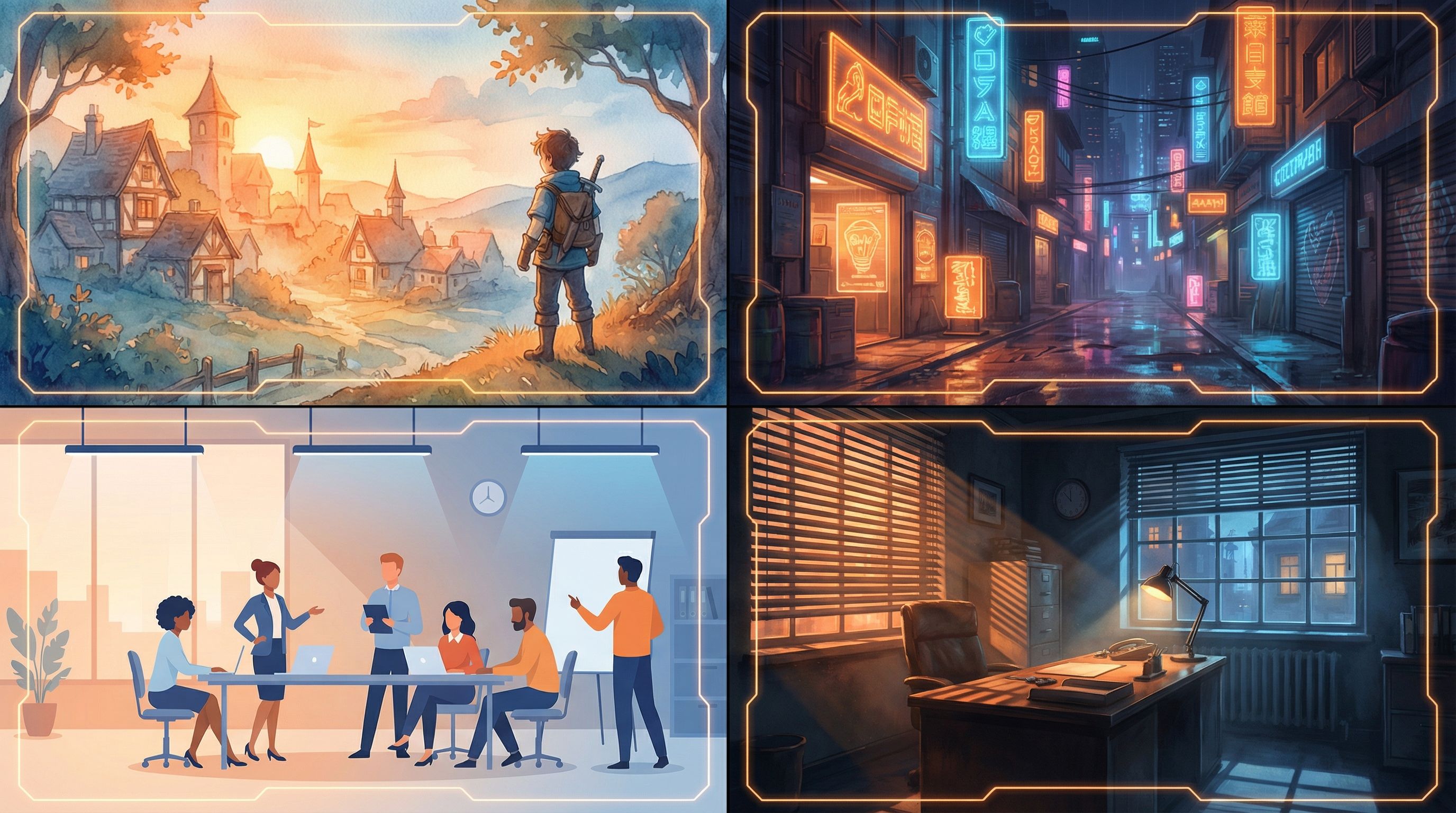 Split-screen collage of four distinct visual genres: top-left a cozy watercolor fantasy village at s