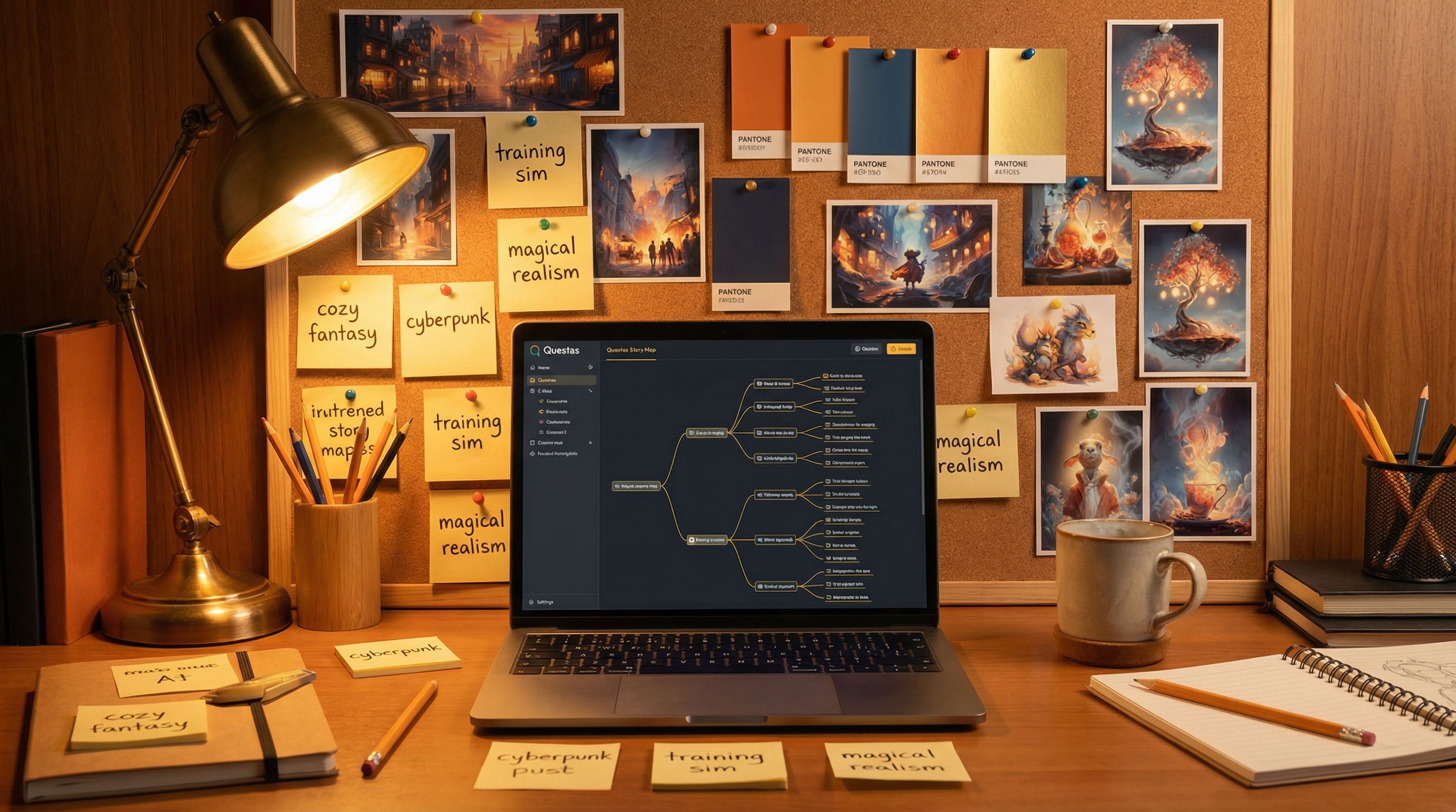 Overhead view of a creator’s desk with a laptop open to a branching Questas story map, surrounded by