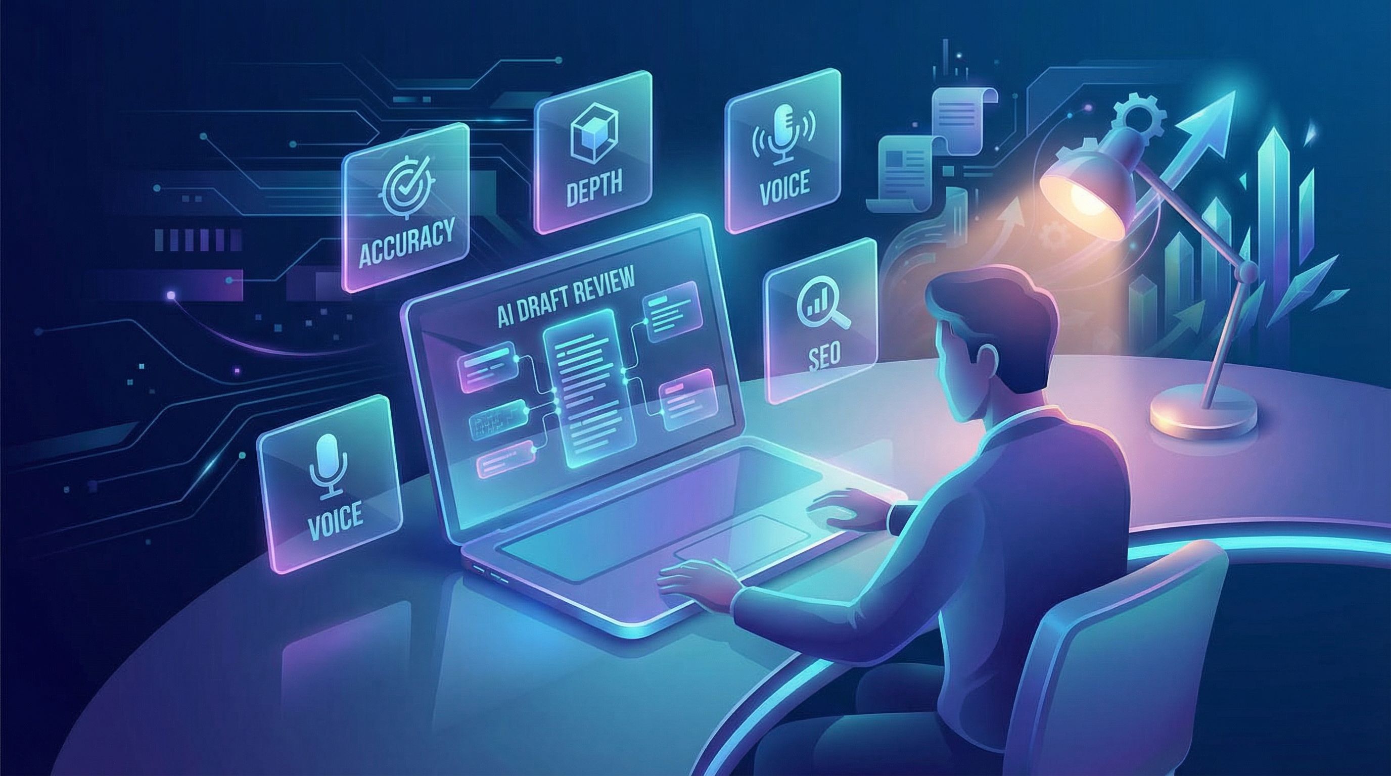 a content editor or marketer reviewing an AI-generated blog draft on a laptop, with sticky notes aro