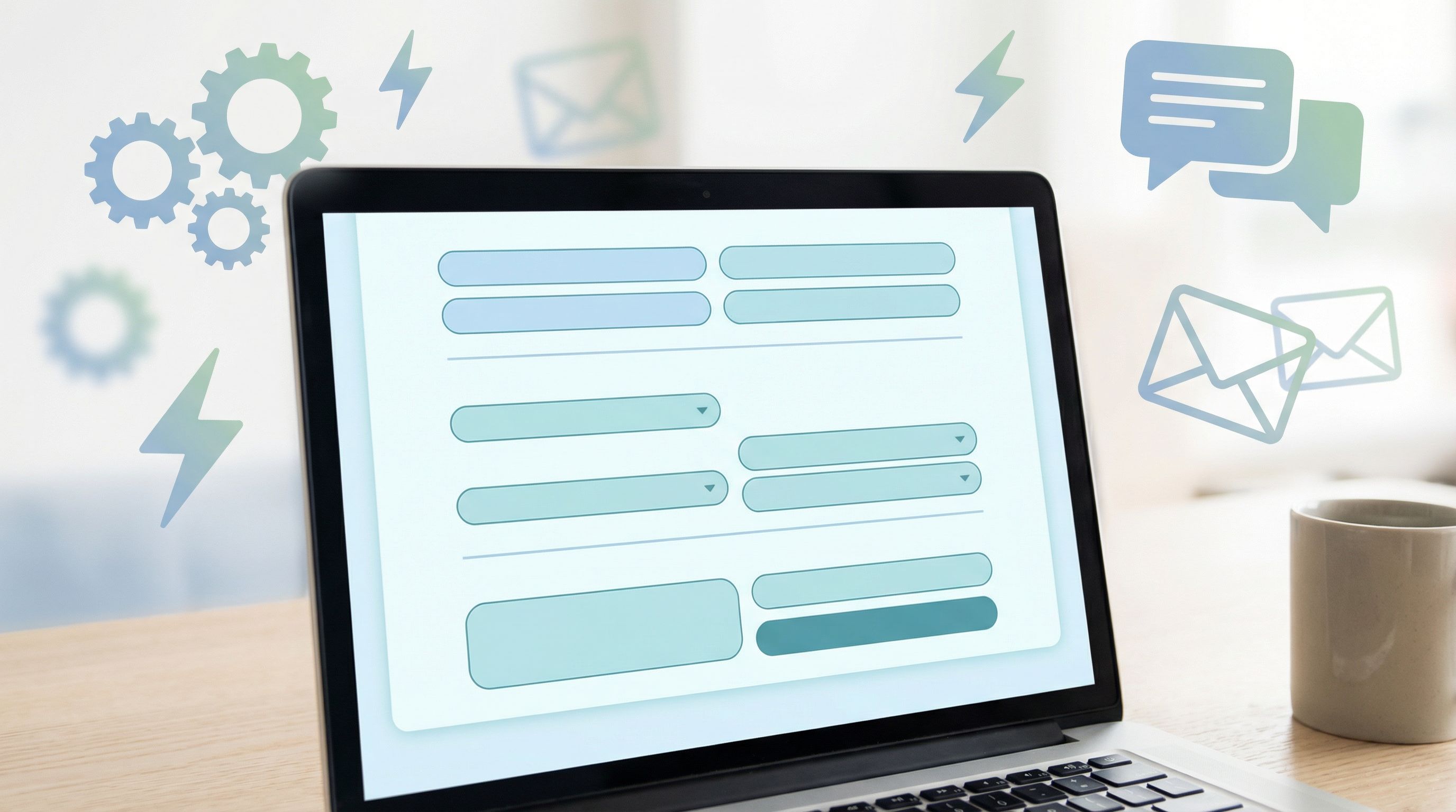 close-up of a modern web form interface on a laptop screen, with clearly grouped fields and a calm b