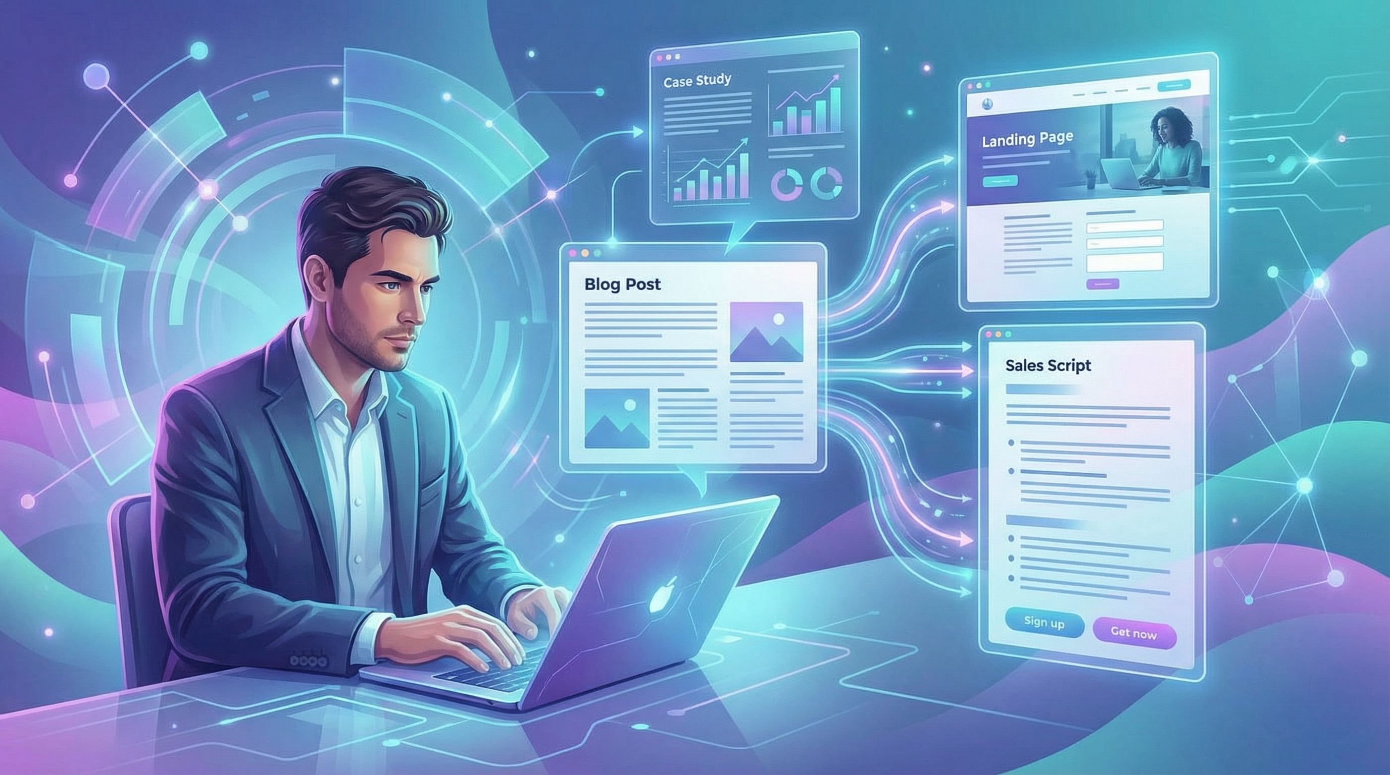 a marketing leader at a laptop, surrounded by floating UI panels representing a blog post transformi