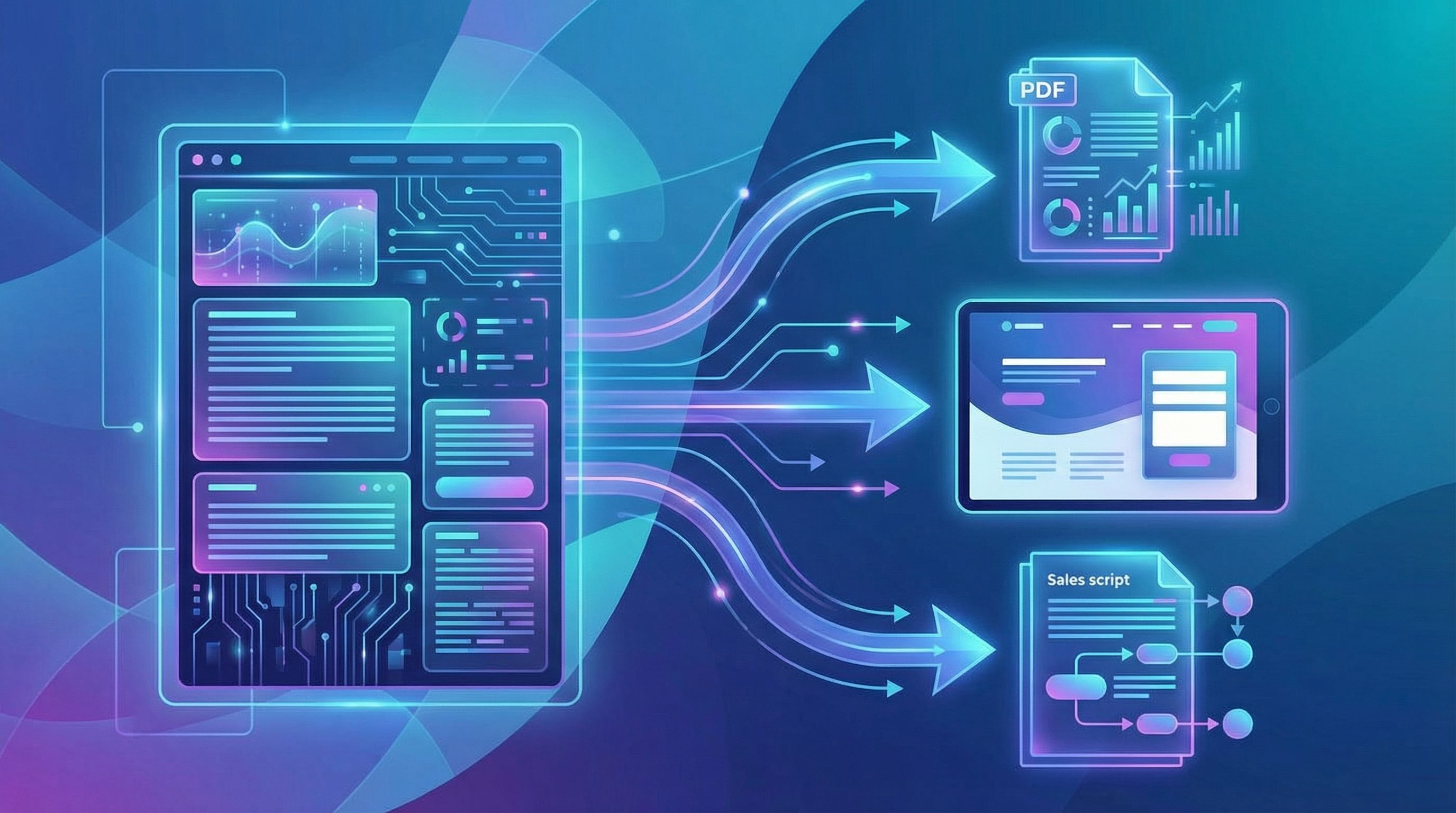 a split-screen illustration showing on the left a detailed blog article, and on the right three poli