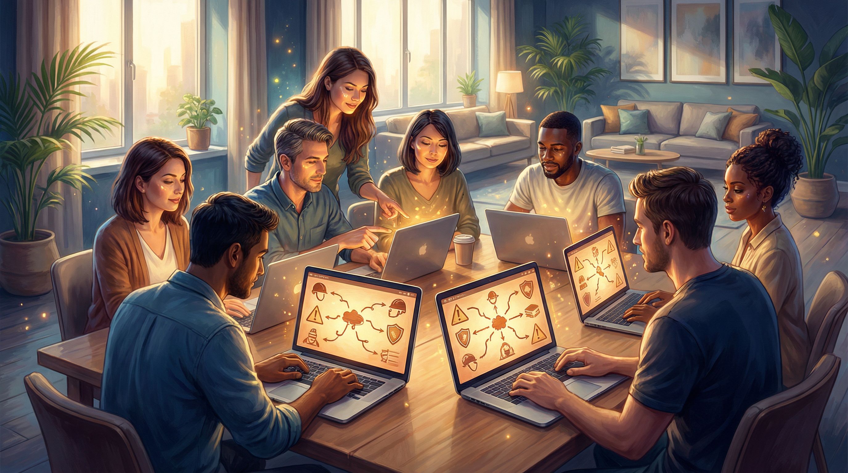 A diverse group of trainees gathered around laptops in a modern training room, screens showing branc