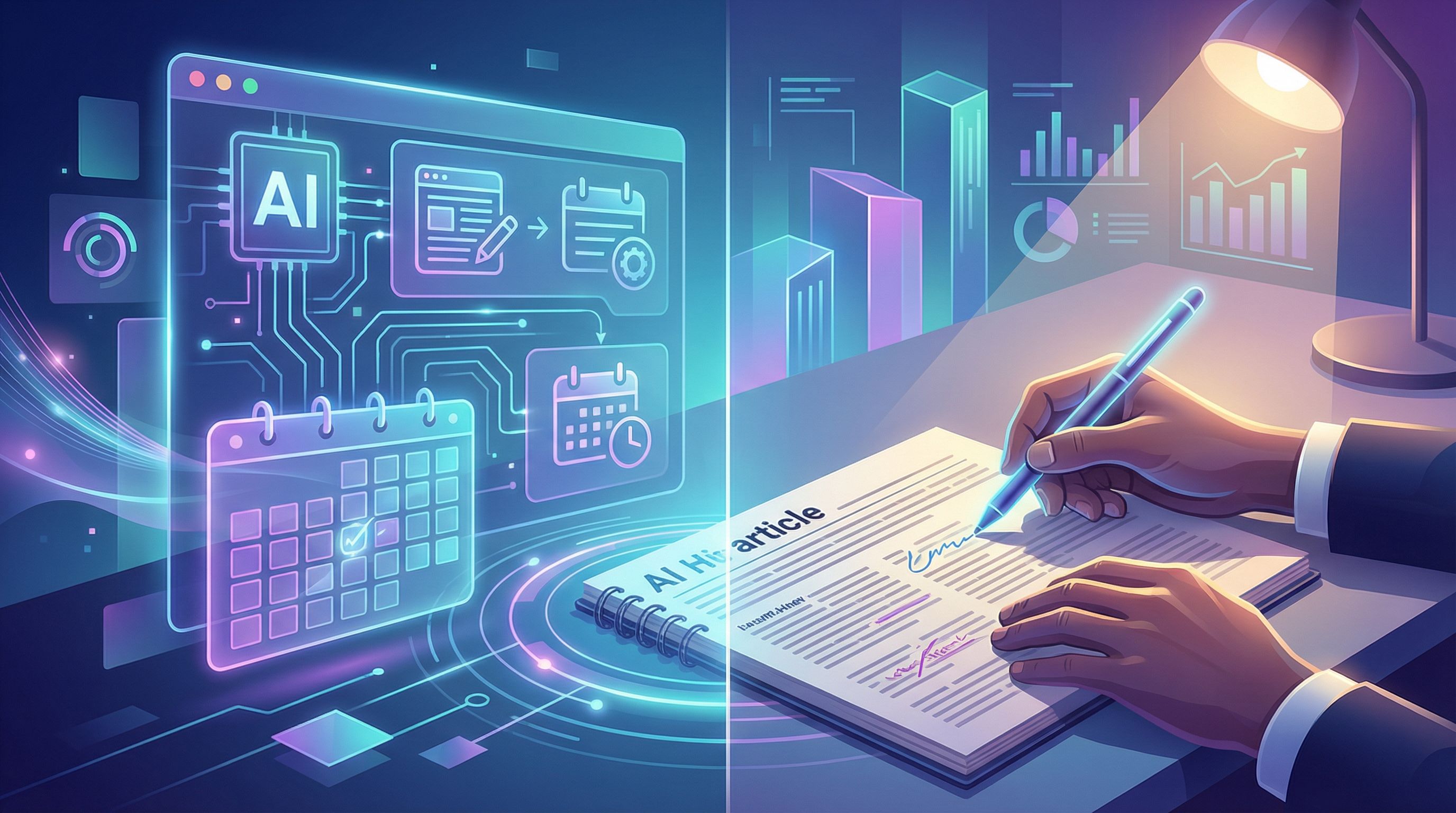 split-screen image showing on the left an AI interface auto-generating blog posts and scheduling the