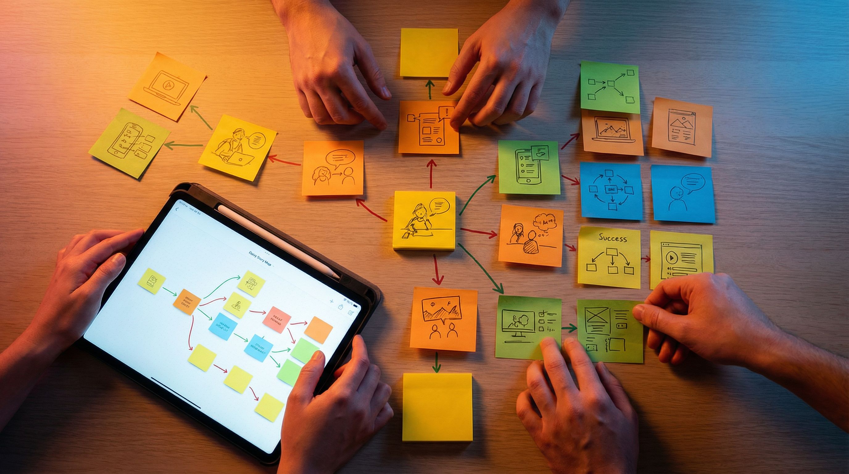 Overhead view of a branching story map sketched on sticky notes and a tablet screen, with red paths