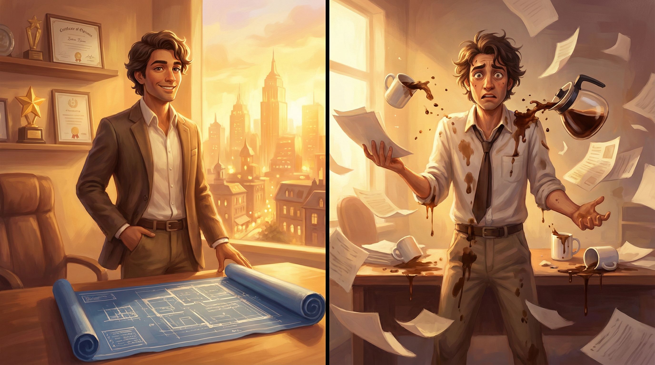 Split-screen scene from an interactive story, left side showing a confident character in a bright, s