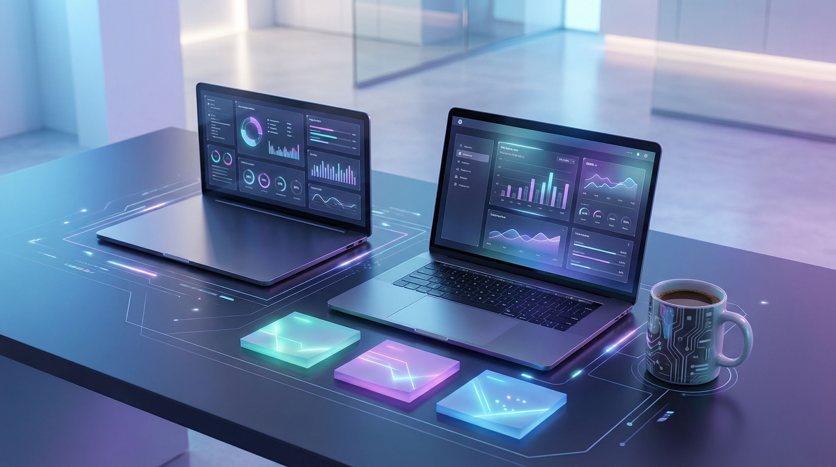 An overhead view of a founder’s desk with a laptop showing an AI content dashboard, sticky notes lab