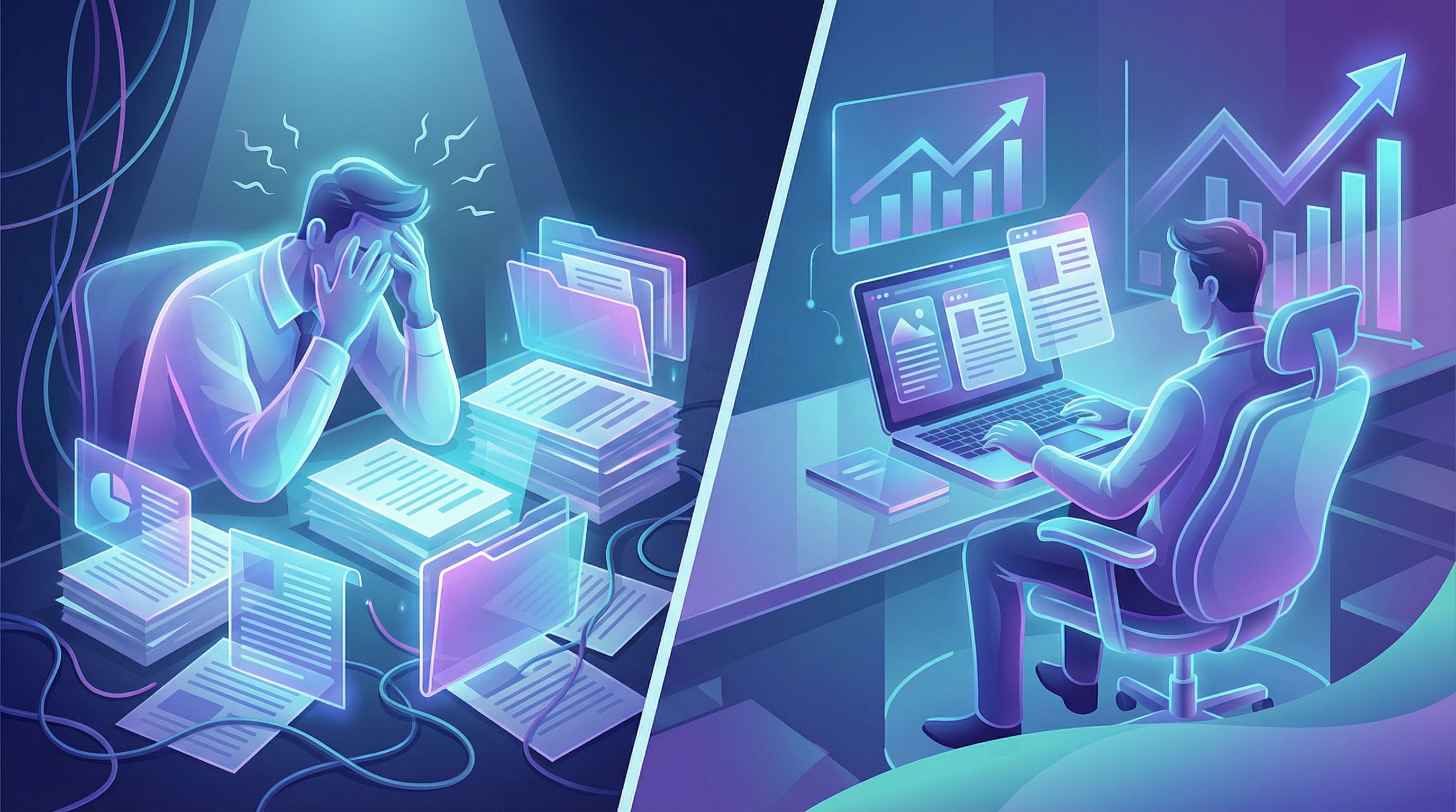 A split-screen illustration showing on one side a stressed founder buried in documents and on the ot