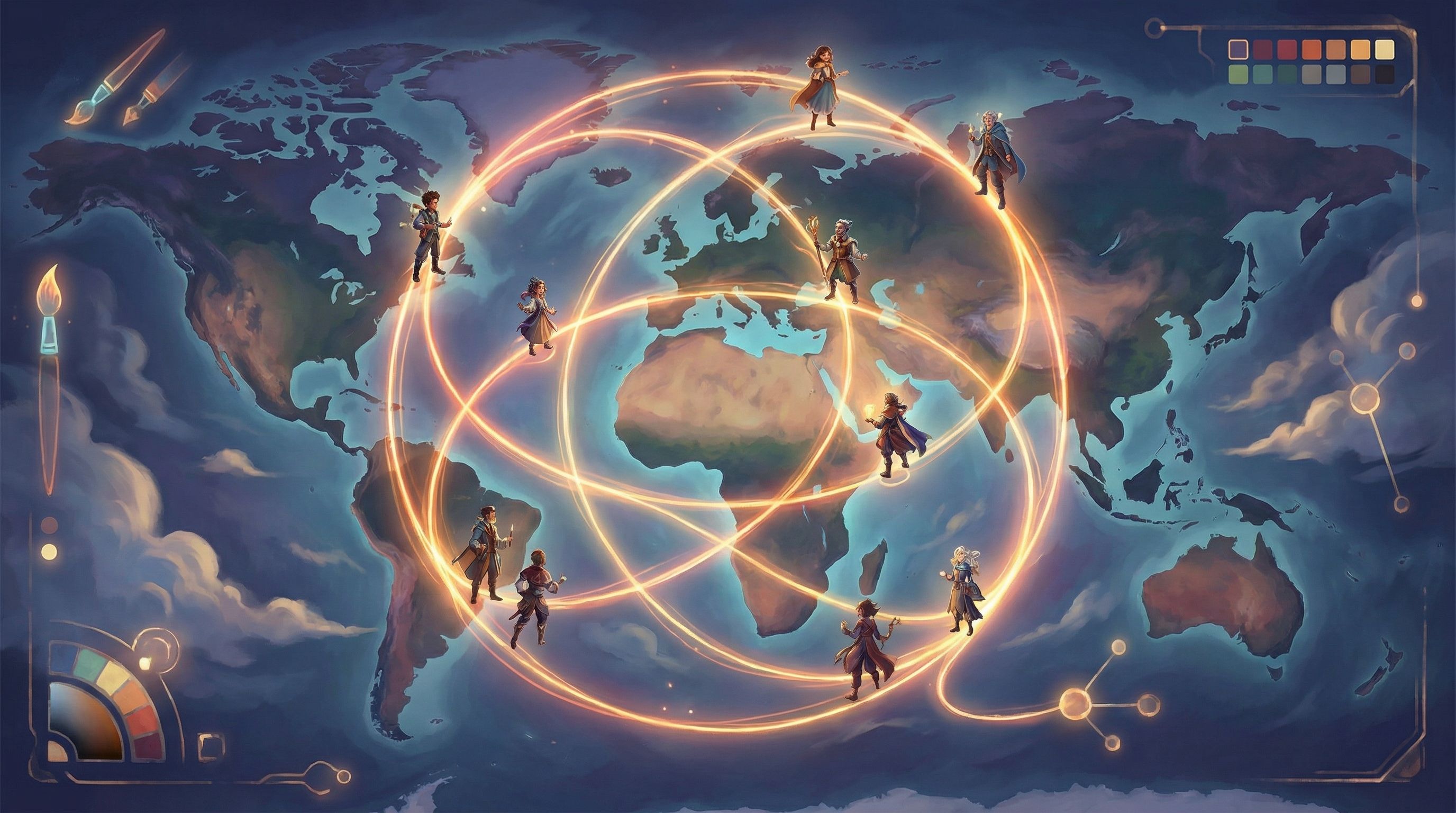 Looping circular story map drawn in glowing lines over a stylized world map, with diverse characters