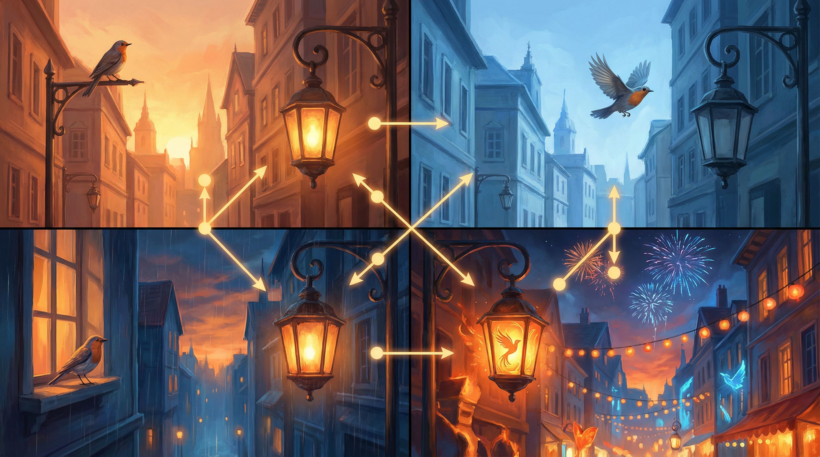 Split-screen scene showing four stages of a city street in different moods and times of day, each pa