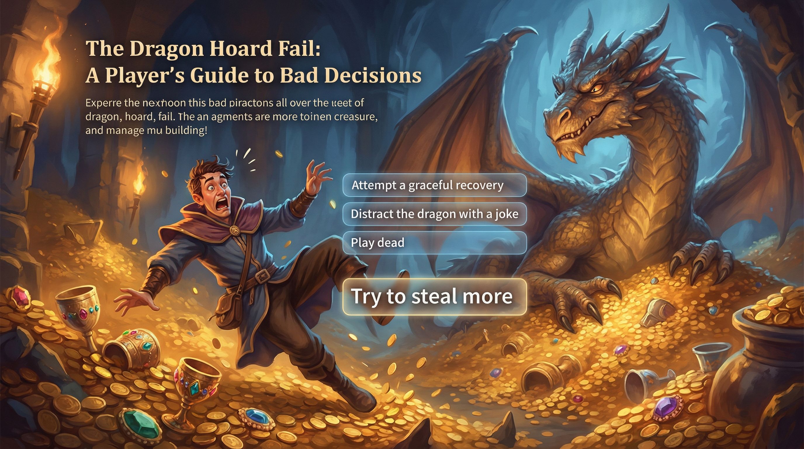 dramatic scene of a player character facing a humorous yet dangerous failure in a branching story, l