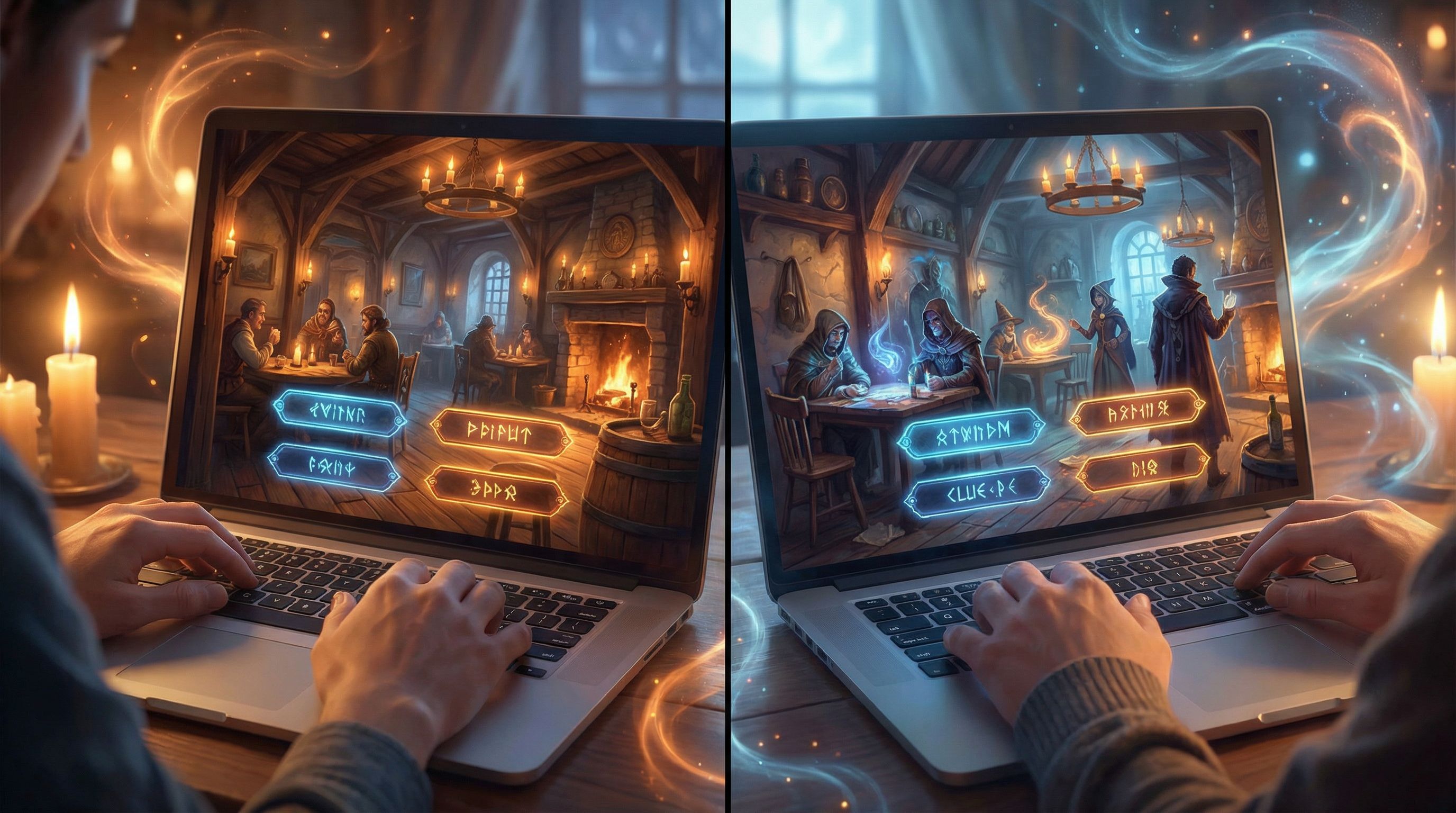 split-screen composition of a player replaying a branching story on a laptop, left side showing a di