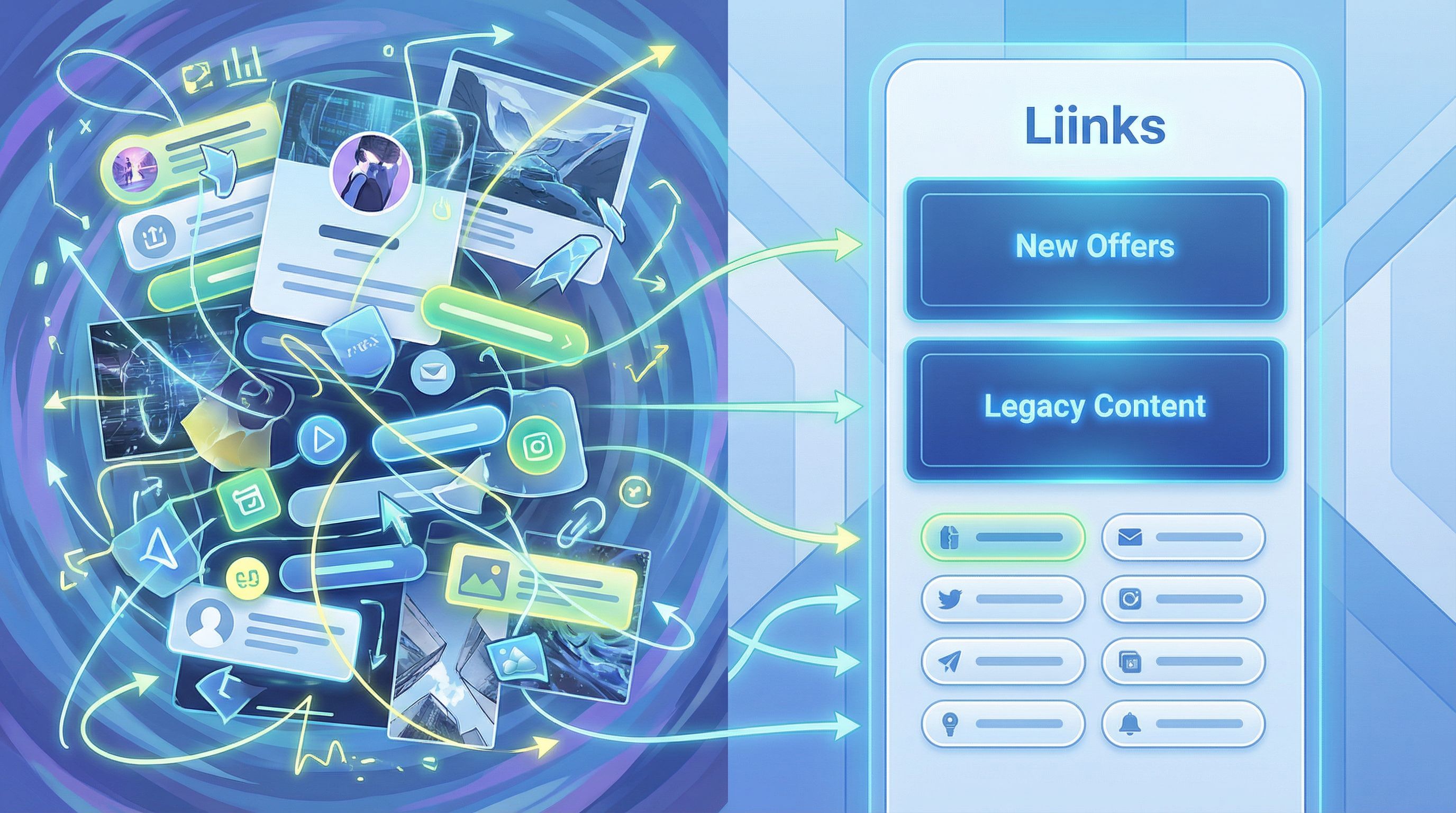 a split-screen illustration of a cluttered, chaotic link-in-bio page on the left and a clean, struct