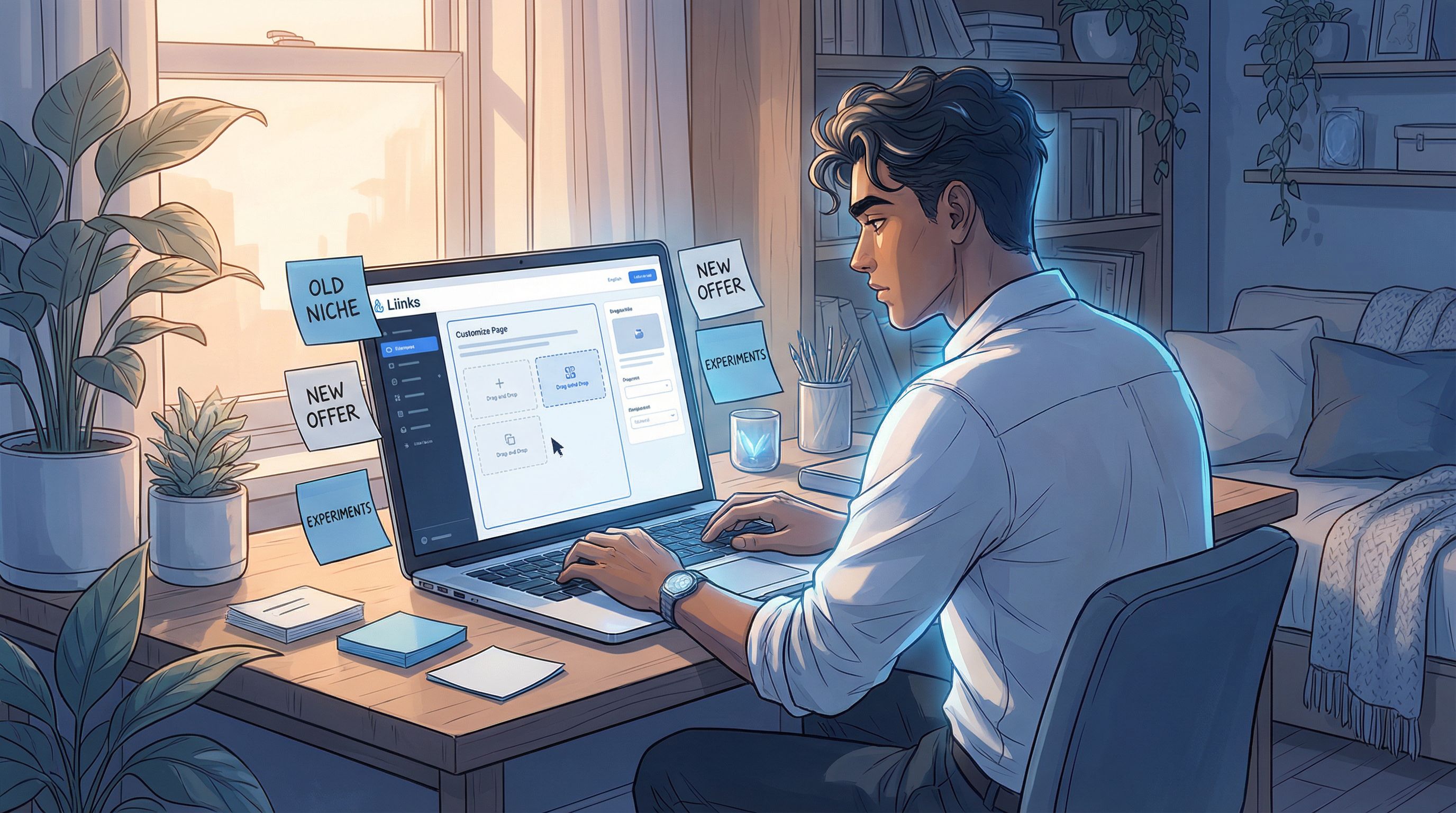 a creator sitting at a laptop customizing a Liinks page, with sticky notes around the screen labeled