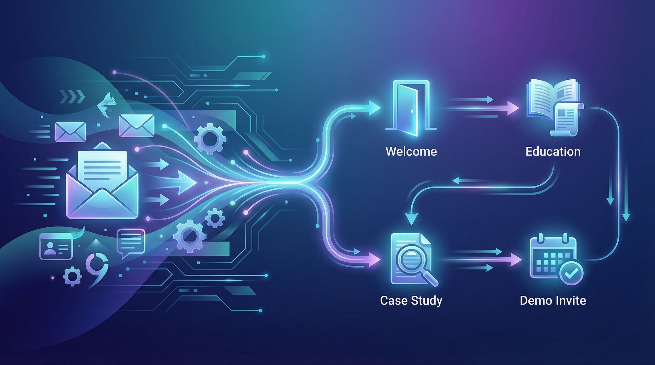 an email inbox view morphing into a marketing automation flowchart with nodes labeled Welcome, Educa