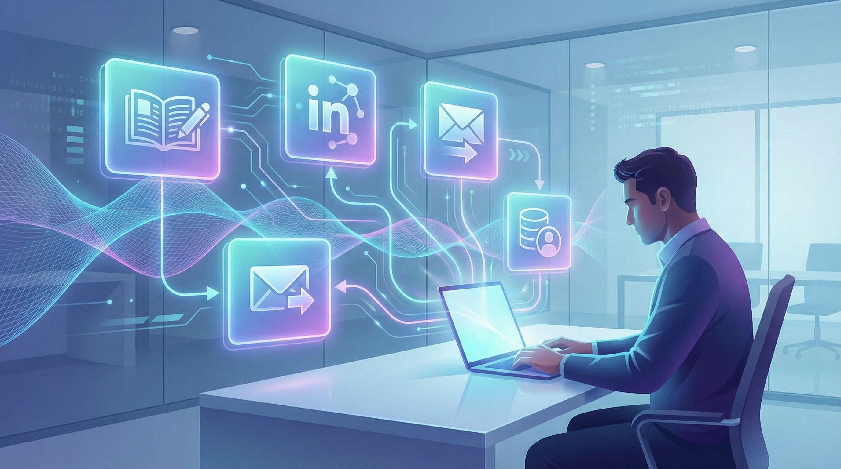 a founder or marketer at a laptop, surrounded by glowing content tiles labeled Blog, LinkedIn, Email