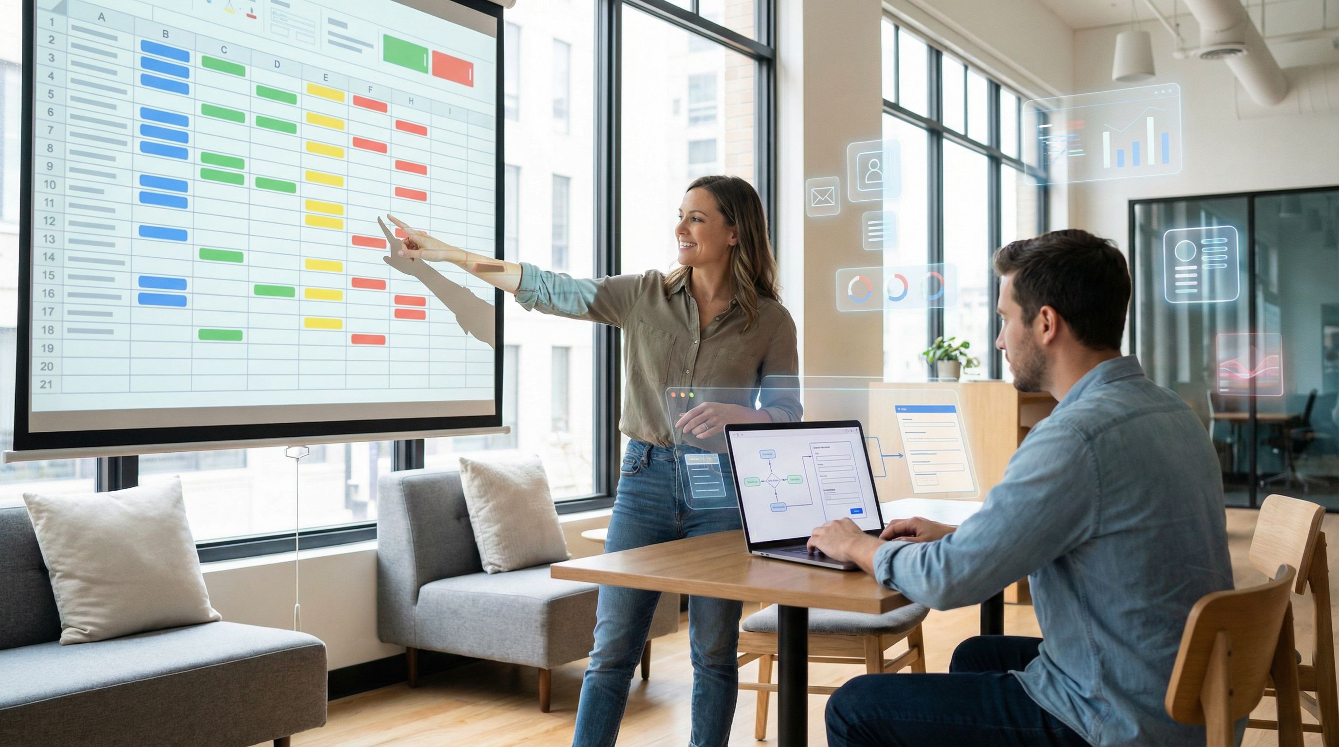 a product manager pointing at a large projected spreadsheet with colored tags like beta, waitlist, e