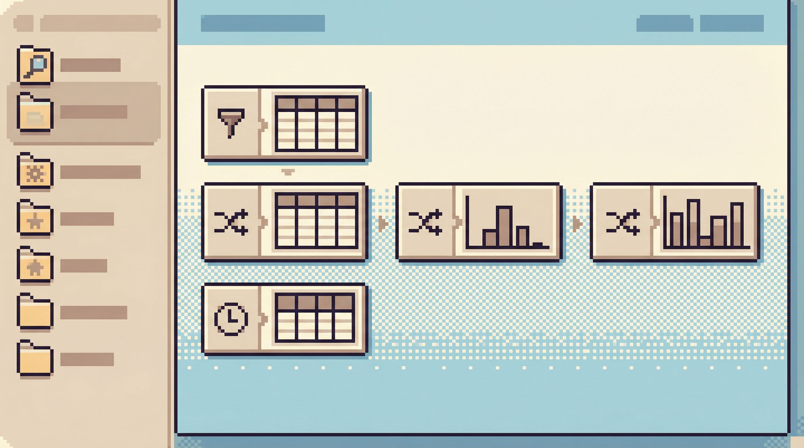 Calm minimalist UI mock of a database browser showing a left-hand column of named “trails” and a mai