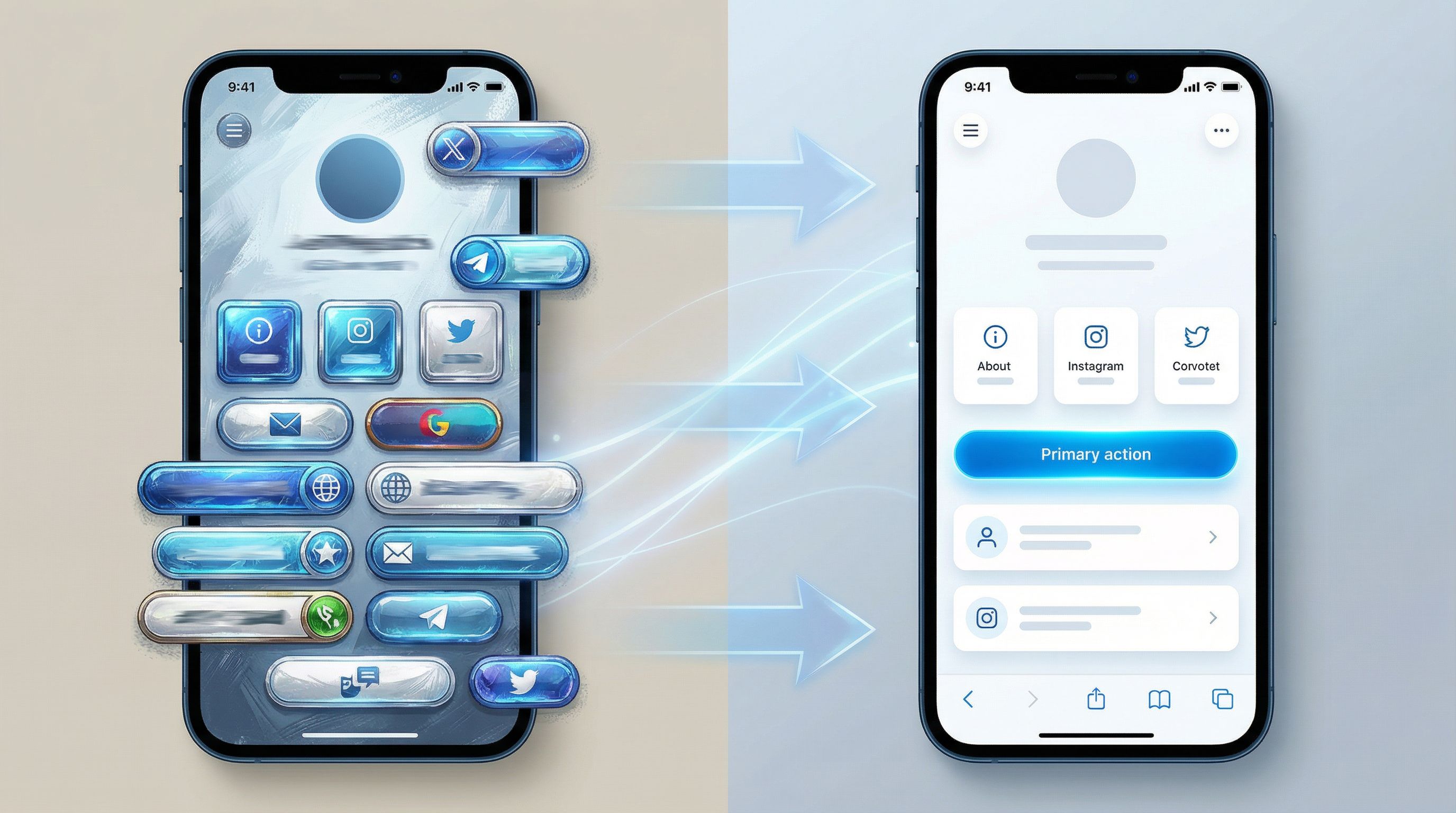 Split-screen composition: on the left, a cluttered, outdated link-in-bio page with too many mismatch