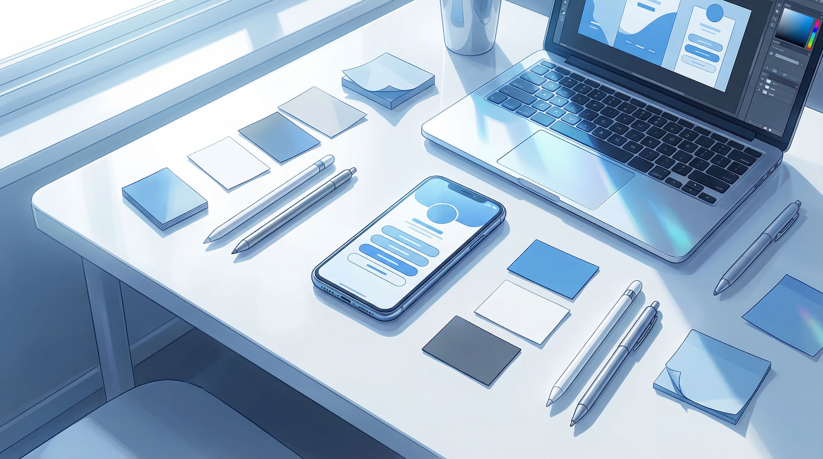 Overhead view of a smartphone on a tidy creator’s desk, screen showing a stylish, cohesive link-in-b