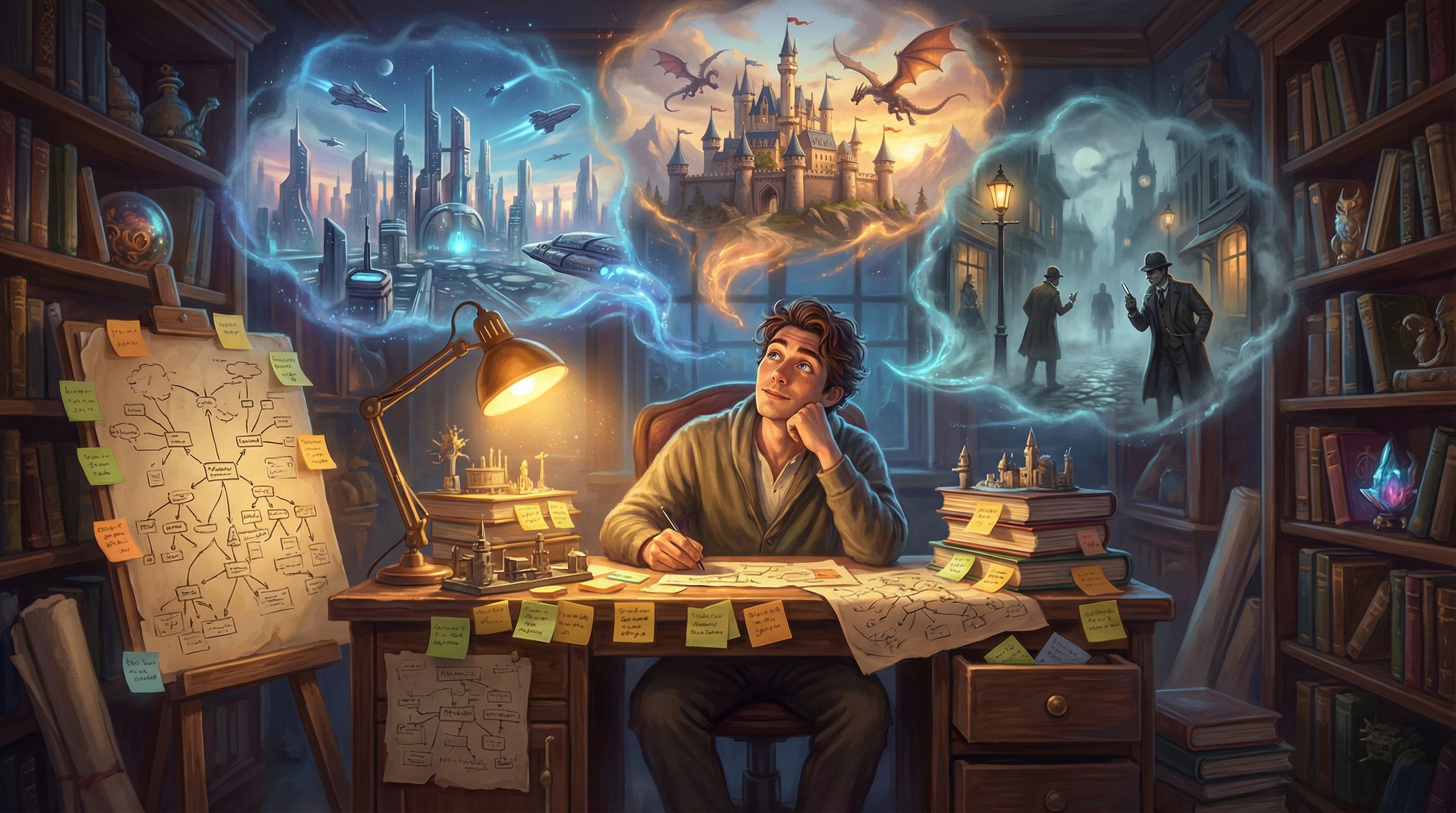 Concept art style image of a creator at a desk covered in sticky notes and branching diagrams, with