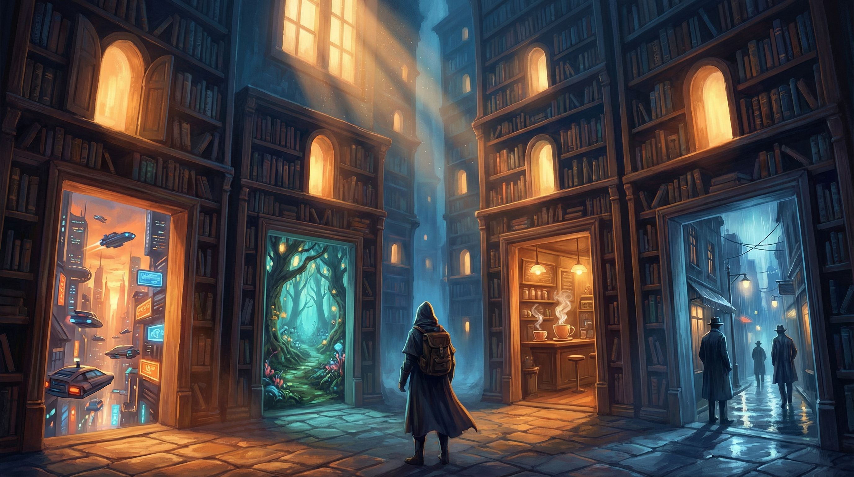 Wide cinematic illustration of a player standing at a crossroads inside a surreal library of doors,