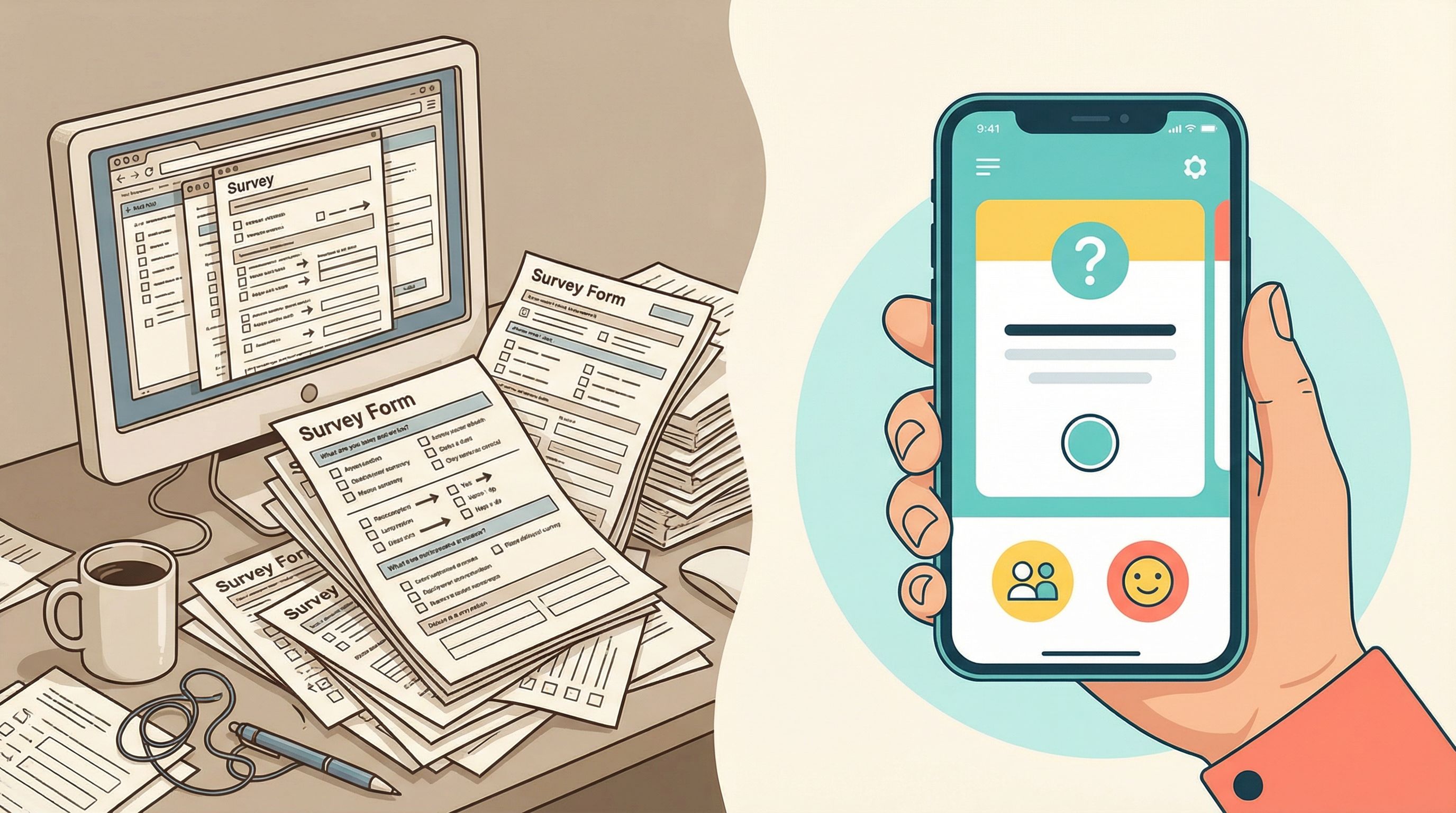 Split-screen illustration showing on the left a cluttered multi-page survey with many fields, and on