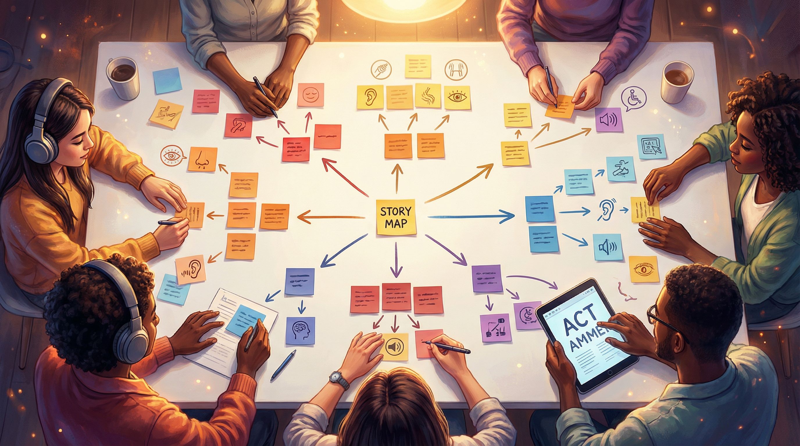 Overhead view of a branching story map drawn on a large white table, with colorful sticky notes, arr