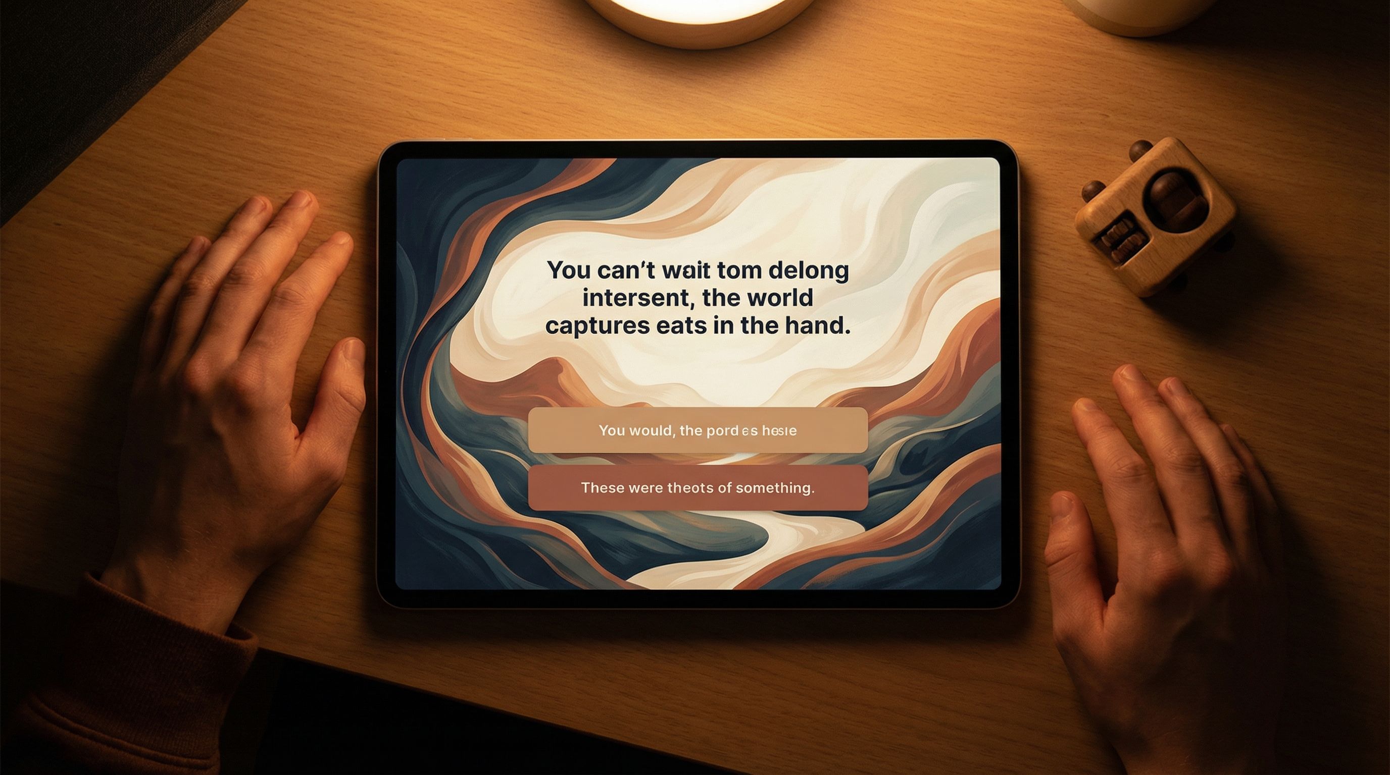 First-person view of a calm, minimalistic interactive story interface on a tablet, showing large hig