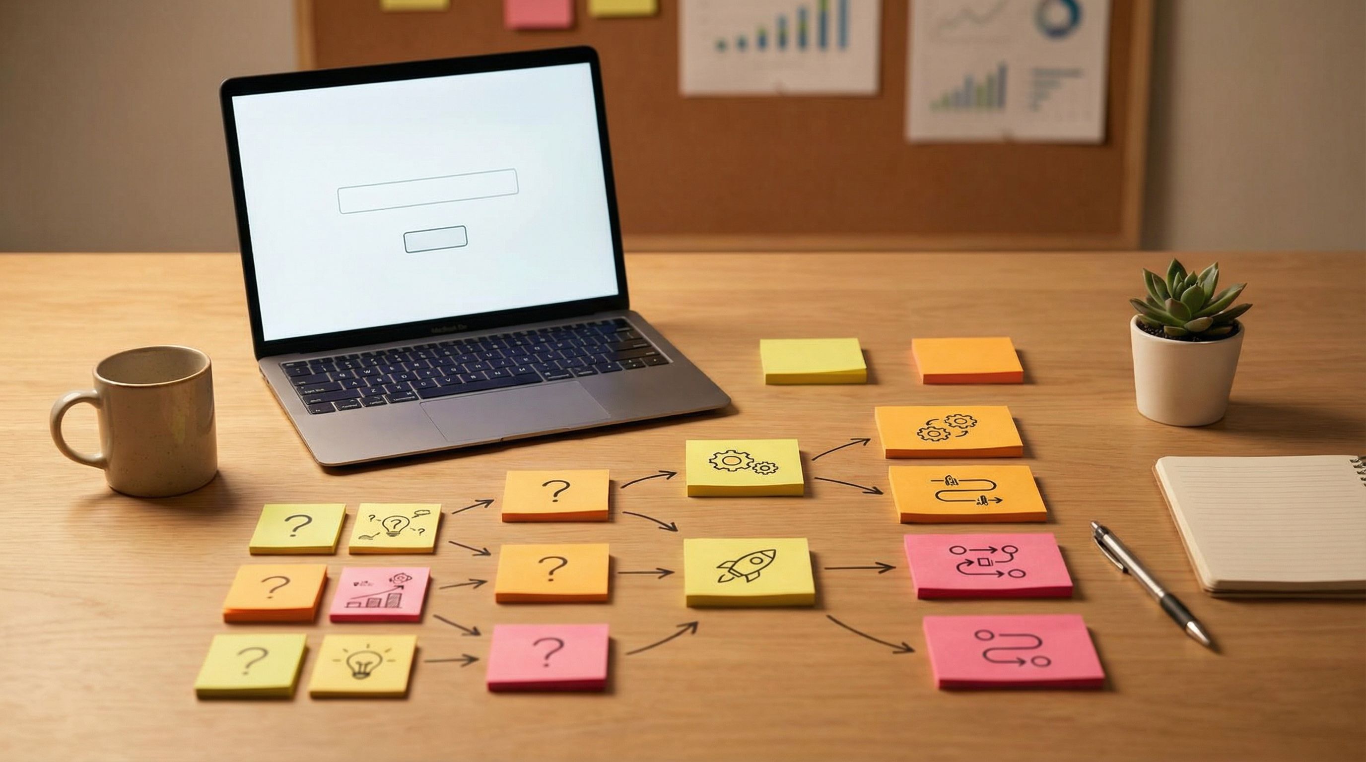 Overhead view of a product manager’s desk with a laptop open to a simple one-question form, sticky n